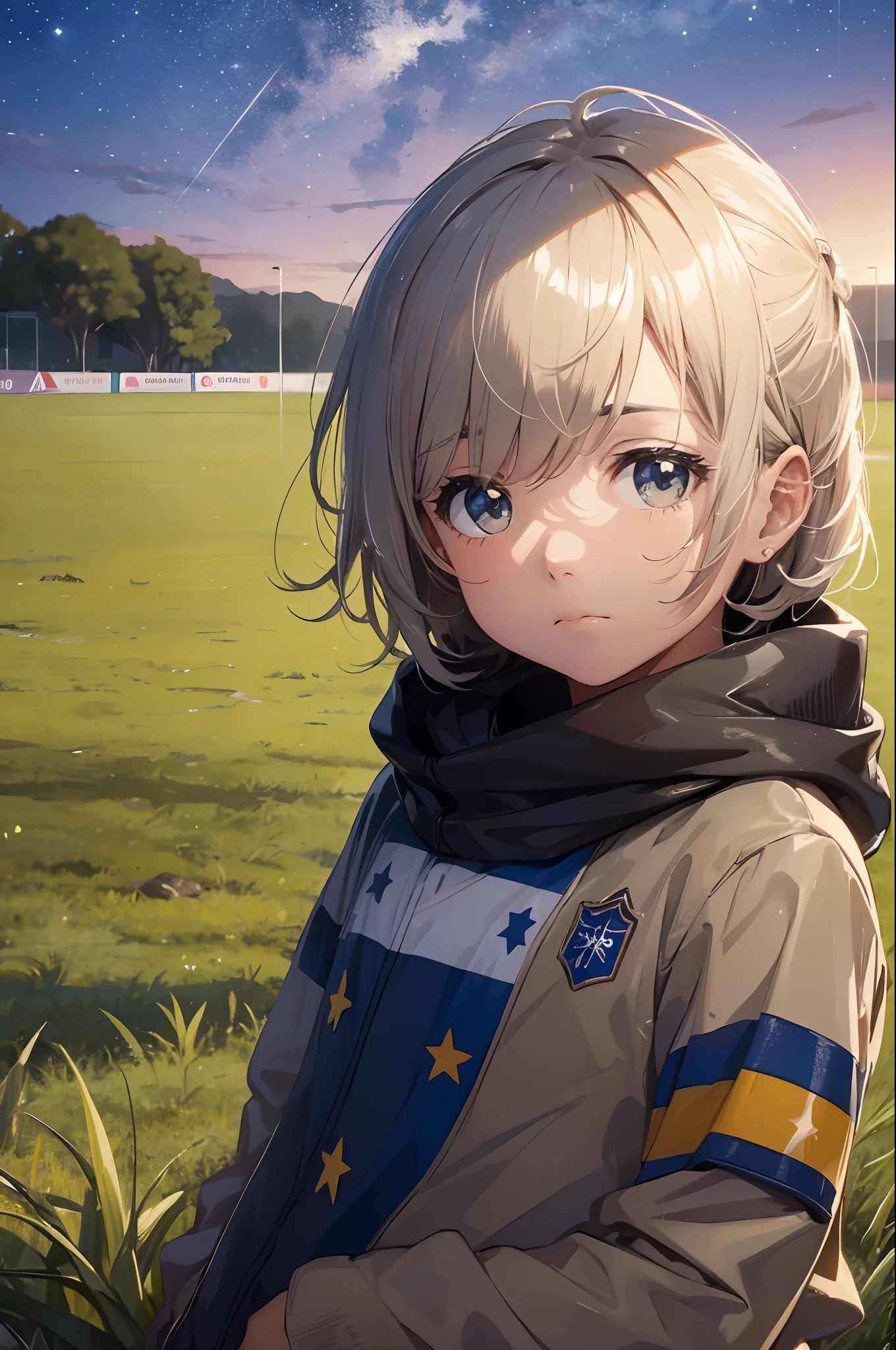 menino sad em uma noite escura cheia de estrelas em um campo --auto --s2