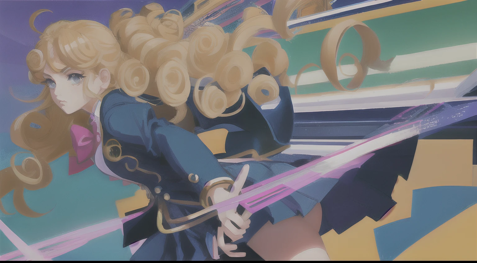 A girl with long blonde hair curly bangs a. Eyes in a poofy school uniform running to the bus. Jojo bizarre adventure art style.