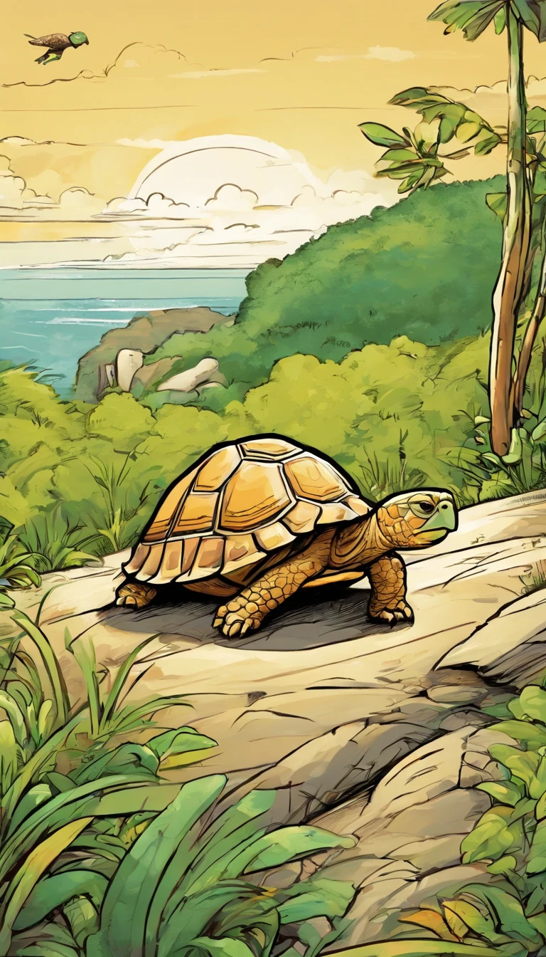 A commercial illustration with a good part in black, branco e verde-claro, In the middle of it is a tortoise and a light-brown hare highlighted on an athletics track, e muito peludo, excelling in the race due to the tortoise being in front of the hare. The turtle finds itself getting closer and closer to the finish line. The turtle has a focused gaze and the hare is distracted by the scenery. The athletics track is located near the Christ the Redeemer and the Maracanã, The whole scenario has light colors without much prominence, estilo bem rustico. The top of the hill is portrayed in a natural way, com uma pista de atletismo em destaque. The image should have a natural style with fine strokes and neutral colors, A touch of manga. A tartaruga e o lebre devem ser retratados em detalhes, with their expressions demonstrating the willpower of the tortoise and the despondency of the hare. A imagem deve ser em preto e branco com alta qualidade, with a pencil and ink caricature drawing style, com cores neutras e leves. Make sure the tortoise is beating the hare in extremely realistic ways, but not artificial, symbolizing happiness and hope in the face of life's challenges.", 16k