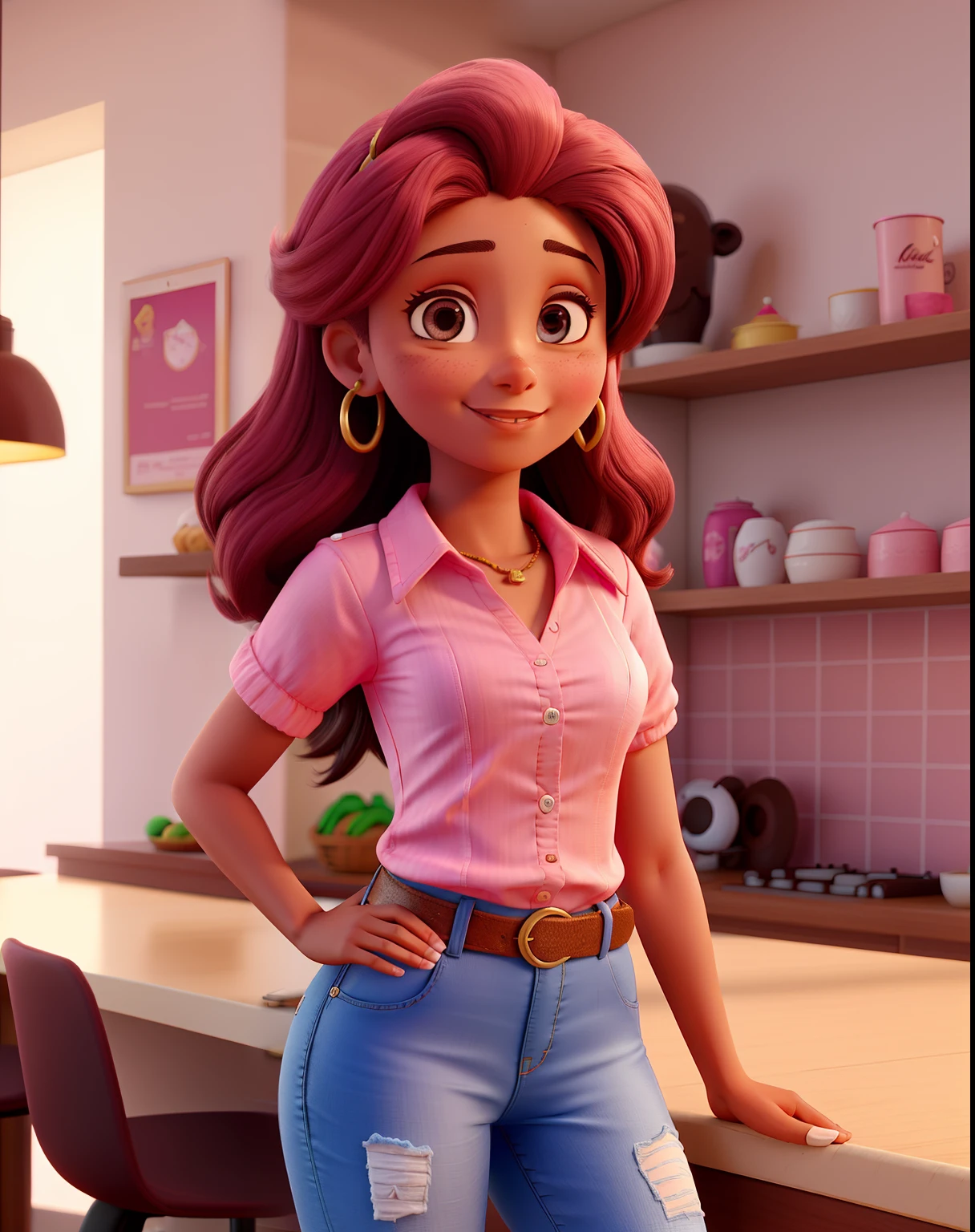 Mulher de 24 anos, pele clara, cabelo longo castanho, olhos castanhos, Wearing a pink blouse and flared jeans, fazendo doces de chocolate numa cozinha