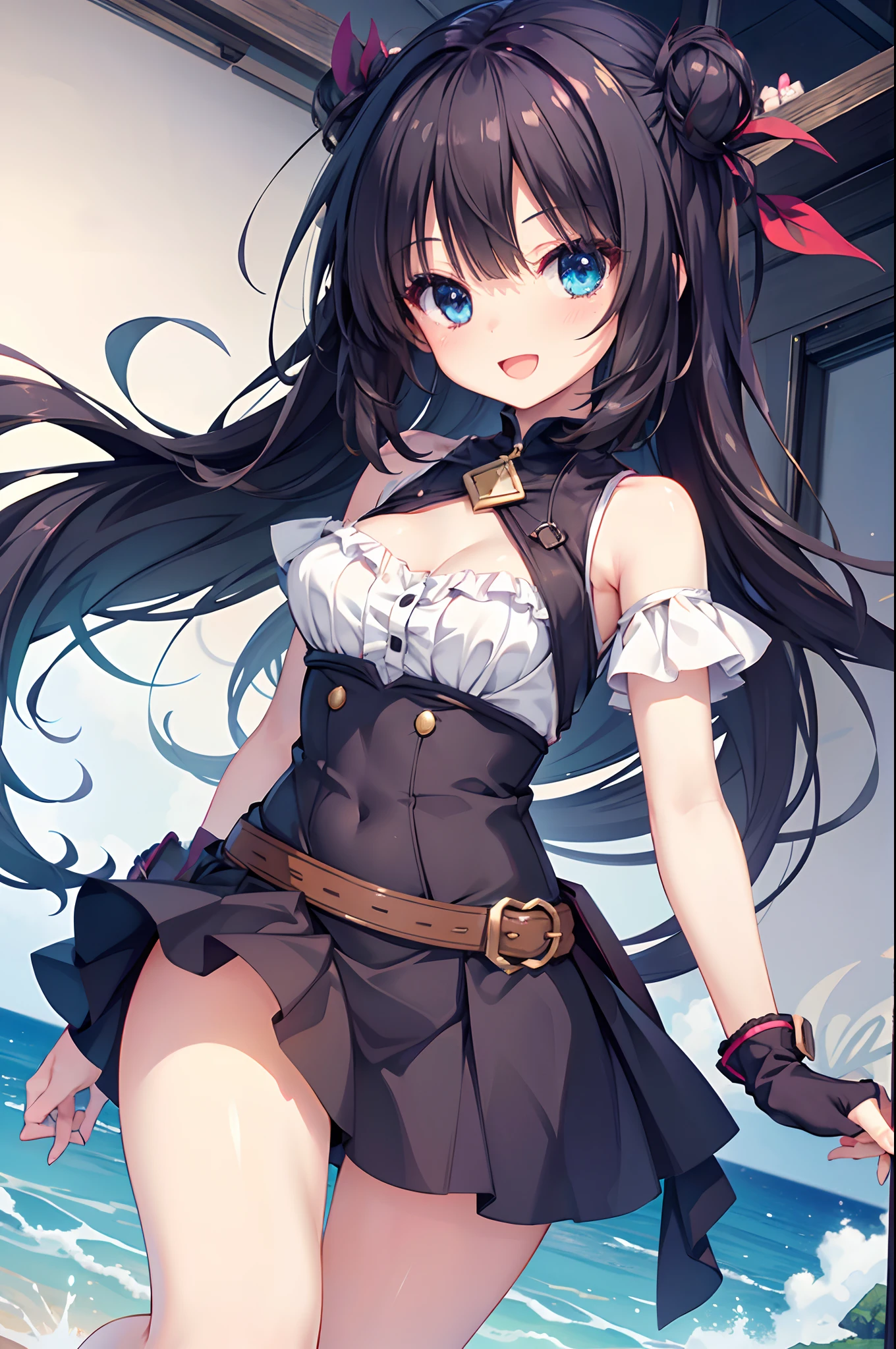 tiny girl,Beautiful breasts,Smile with open mouth,A dark-haired,Twin-tailed,Adventurer Costume,Heterochromia,Top image quality,Best Quality