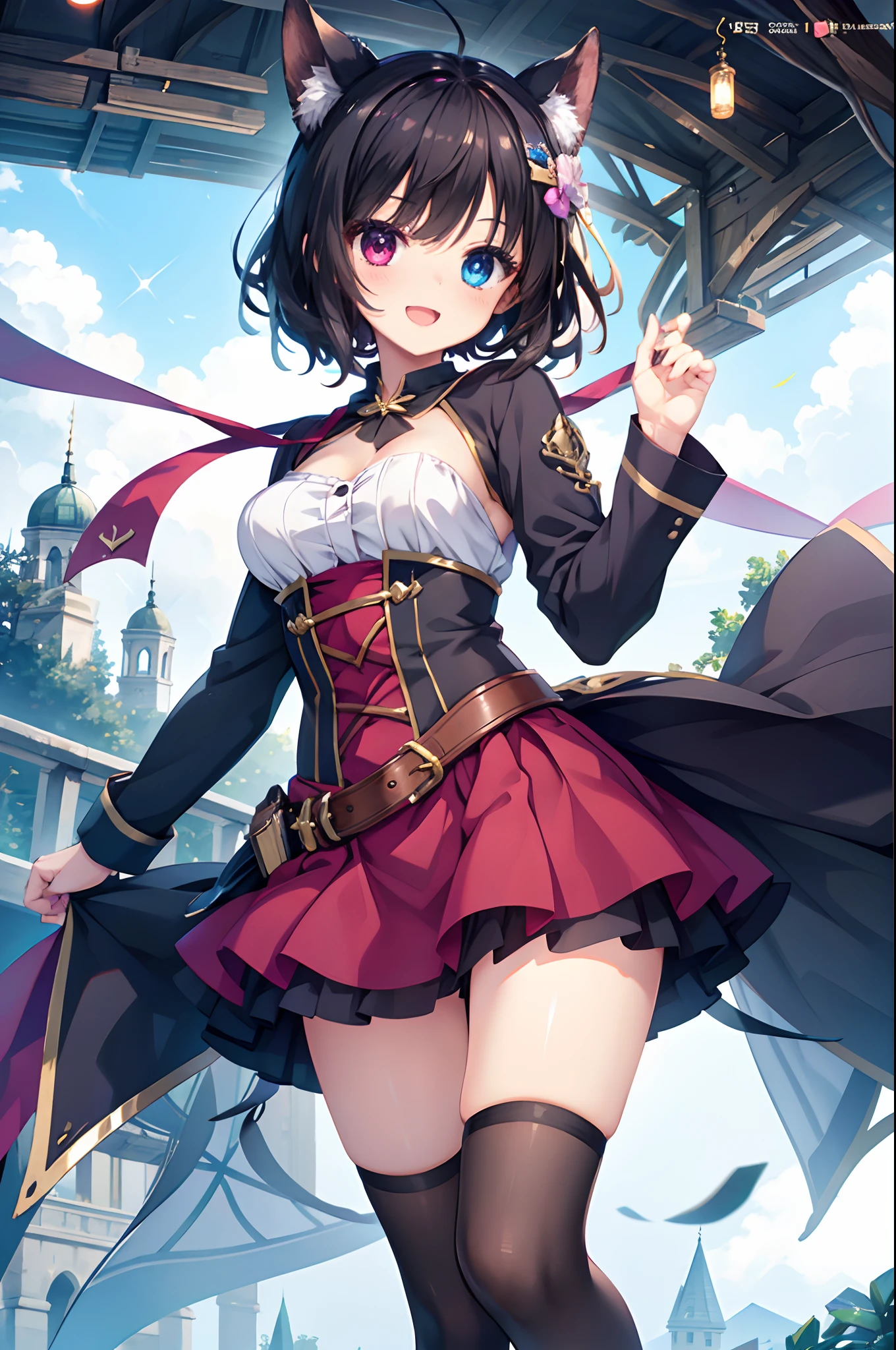  girl,Beautiful breasts,Smile with open mouth,A dark-haired,Twin-tailed,Adventurer Costume,Heterochromia,Top image quality,Best Quality