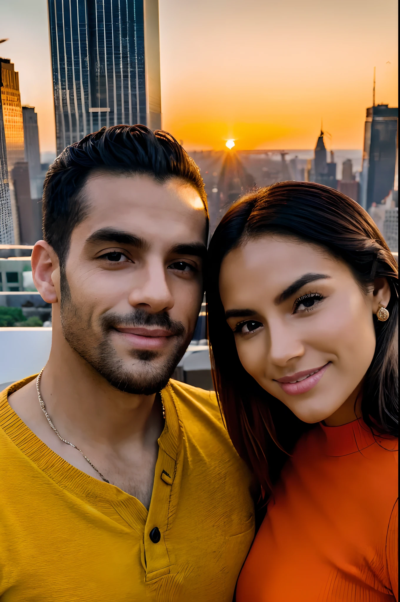 extremadamente detallado, Calidad de obra maestra, estilo impresionista, Vivid and vibrant sunset, Pareja joven en Nueva York, Profundidad de campo suave, majestuoso edificio al fondo, Warm and rich colors, Tactile and expressive textures, (La mejor calidad, 8k, 32K, Obra maestra, UHD: 1.3),