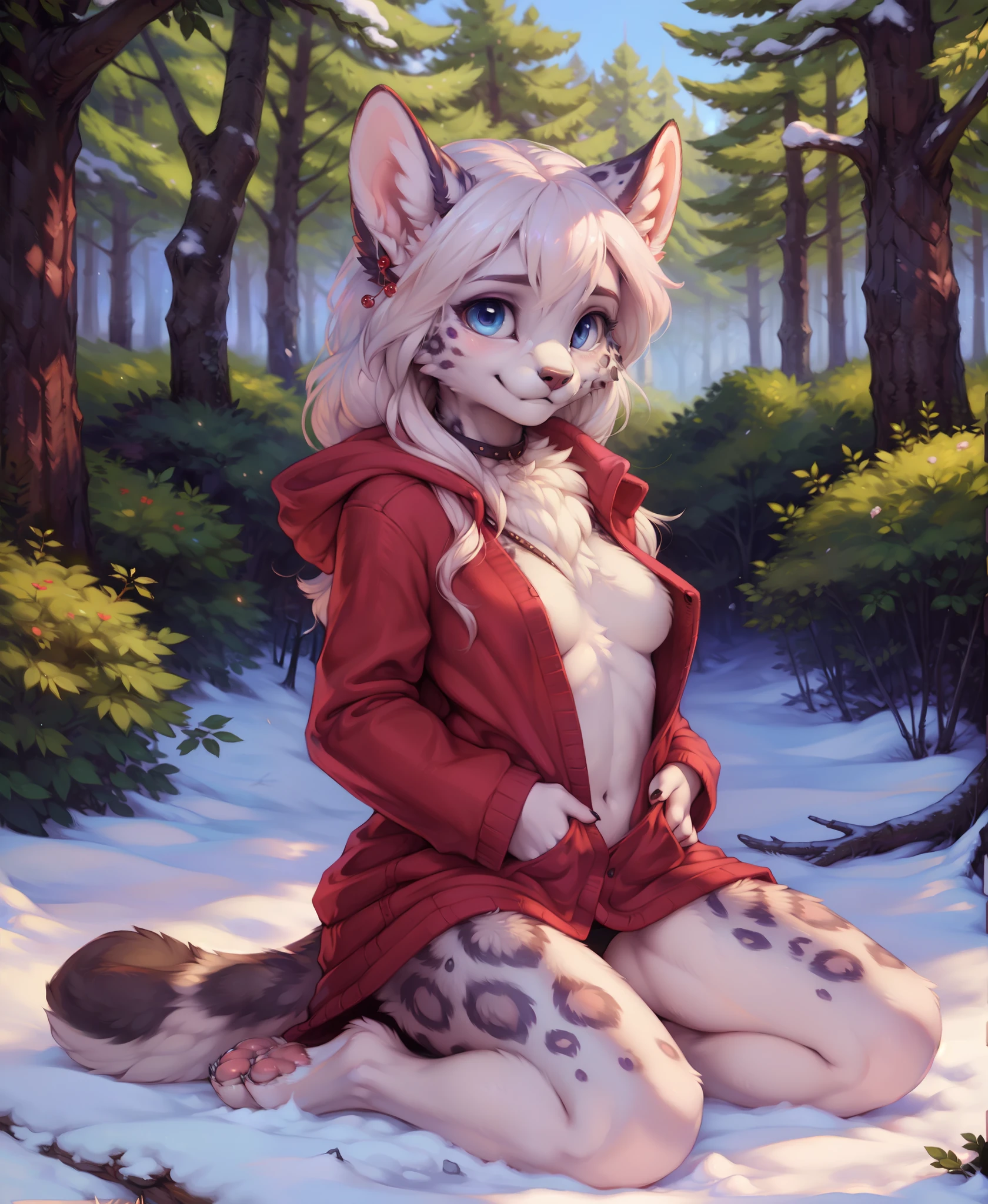 red coat, girl covered on blood, blood on snow, winter forest, realistic snow, detailed background, furry female, snow leopard, body fur, fur, anthro, fluffy, neck fur, animal ears, animal nose, blush, pawpads, outdoors, blue detailed eyes, long hair, hair ornament, white hair, full body, smiling, cute, shy, petite, slim, feminine, large eyes, breasts, by foxovh, by personalami, by thebigslick, by einshelm, by dagasi,