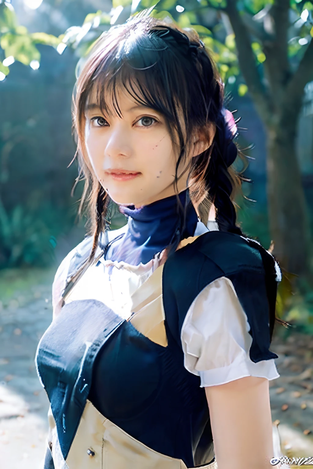 Lapisfe, 1 woman４９age, Solo, Looking at Viewer, blush, Bangs, gloves, Upper body, braid, shairband, Outdoors, Parted lips, skyporn, day, Hand up, Black eyes, armor, tree, Covered navel, Blurry background, hands on own breasts, Shoulder Armor, Side braid, breastplates, Red armor