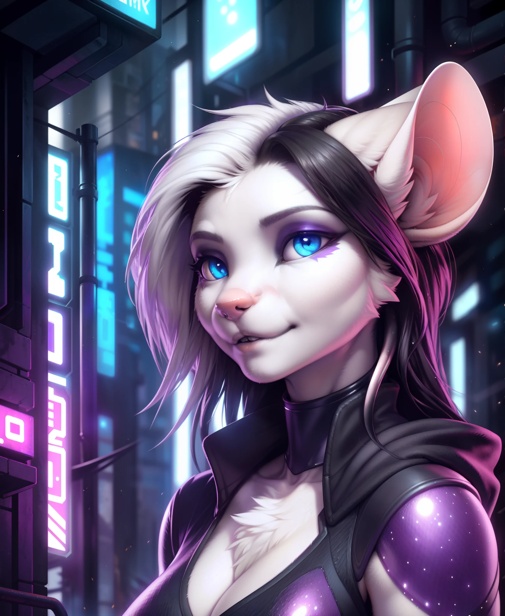 detailed background cyberpunk, masterpiece, detailed, colors(black and white:1.2)and violet, scene, portrait, face closeup, mouse, realistic fur, detailed eyes, by wolfy-nail, by r-mk, by thebigslick, by totesfleisch8, by spectrumshift,