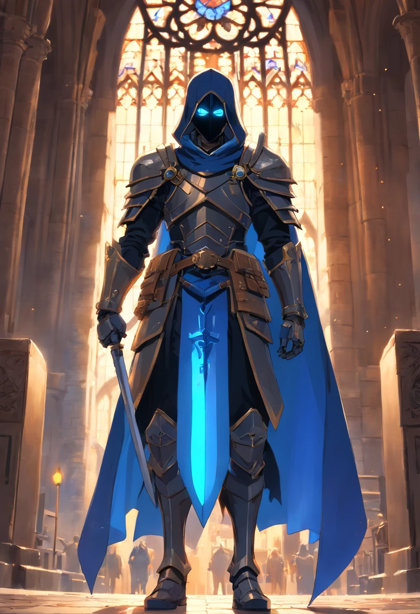cavaleiro, homem, armadura de cor escura com um capacete de caveira com uma capa azul, na frente de Notre Dame. Fifteenth century France