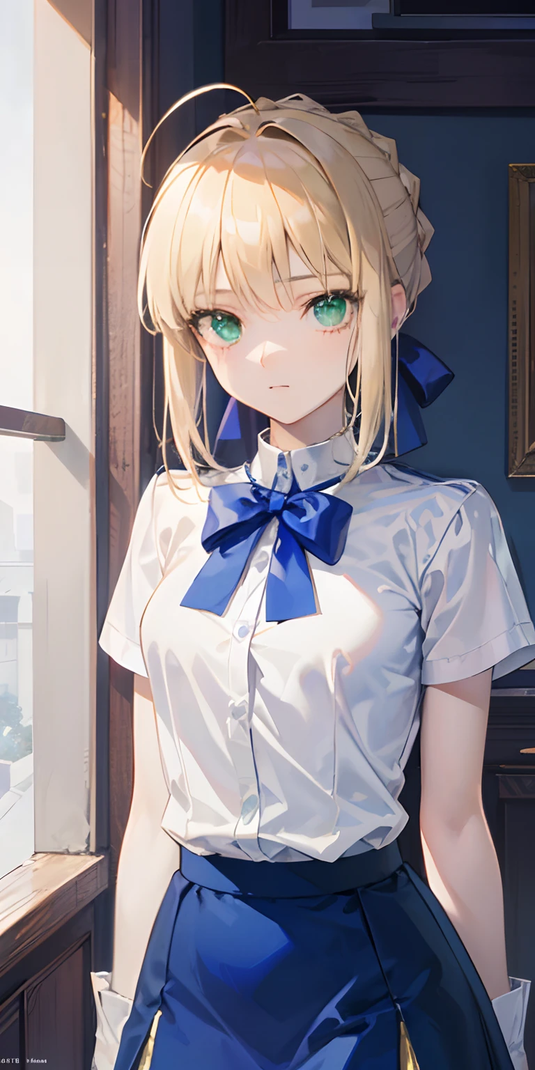 Artoria Pendragon \ (Destiny\, masterpiece, Best quality, High resolution, Ultra detailed, Art book, Anime coloring, CG, illustration, fantasy, 1 girl, solo, male focus, looking at the audience, Artoria Pendragon \ (destiny\), white shirt blue bow, blue short skirt, detailed beautiful face and eyes , mild sunlight with strong color contrast , warm environment, capable slender figure, dexterous dynamics, dim light around the girl gathered on the maiden, green eyes