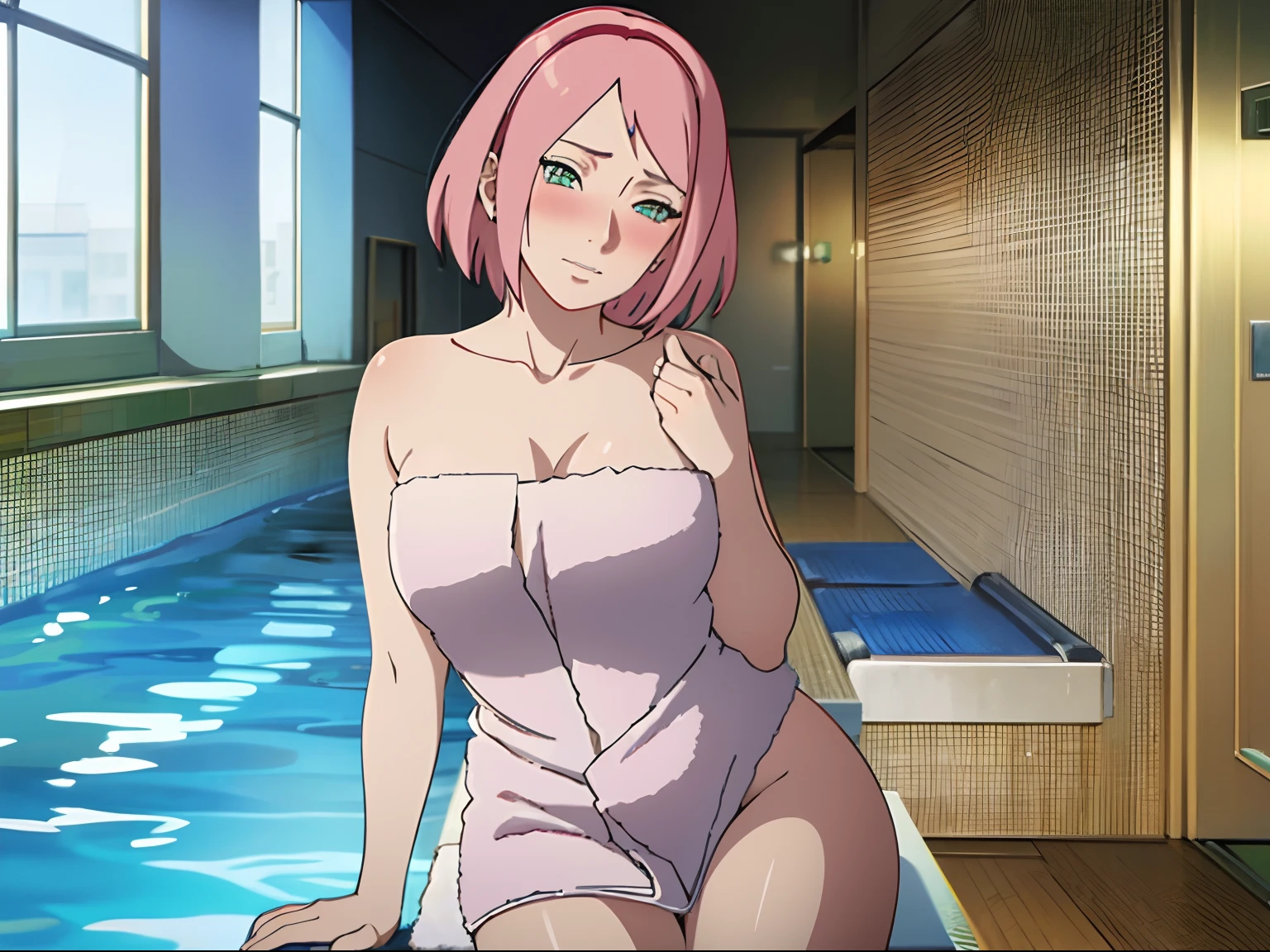 tmasterpiece, hoang lap , (Complicated details), (rich colourful), cinmatic lighting, Bust Up Shot, the Extremely Detailed CG Unity 8K Wallpapers , pink short hair, looking at viewert, Towels,wearing bath towel, inside in room, swimmingpool,swimmingpool,,Be red in the face,Blush 1.5,cowboy lens,Bigboobs