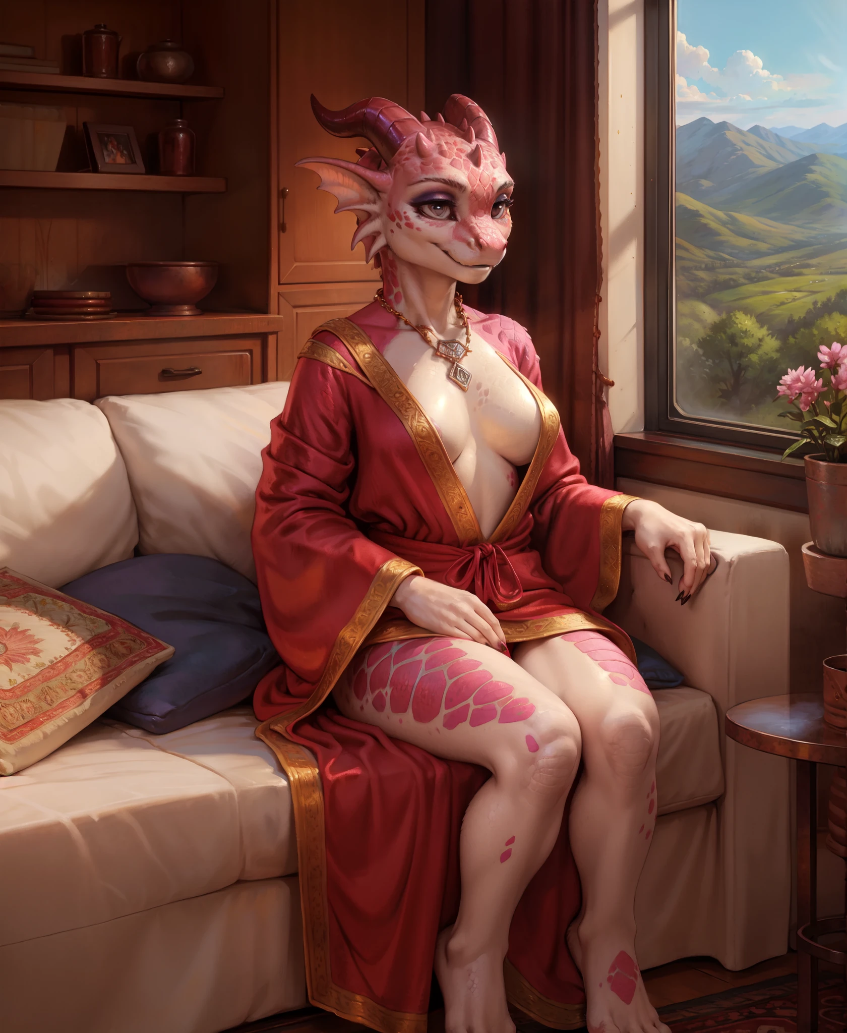 High detail, film, cinematic, realistic, girl, breasts, jewels, (luxury clothes), solo, (makeup), detailed background, kobold, female, smiling, multicolored scales, red robe, detailed fabric, 
detailed scales, realistic scales, kobold horns, scaly tail, (full body), [[by kenket|by totesfleisch8], by thebigslick:by silverfox5213:0.8], [by syuro, by paloma-paloma:0.2]