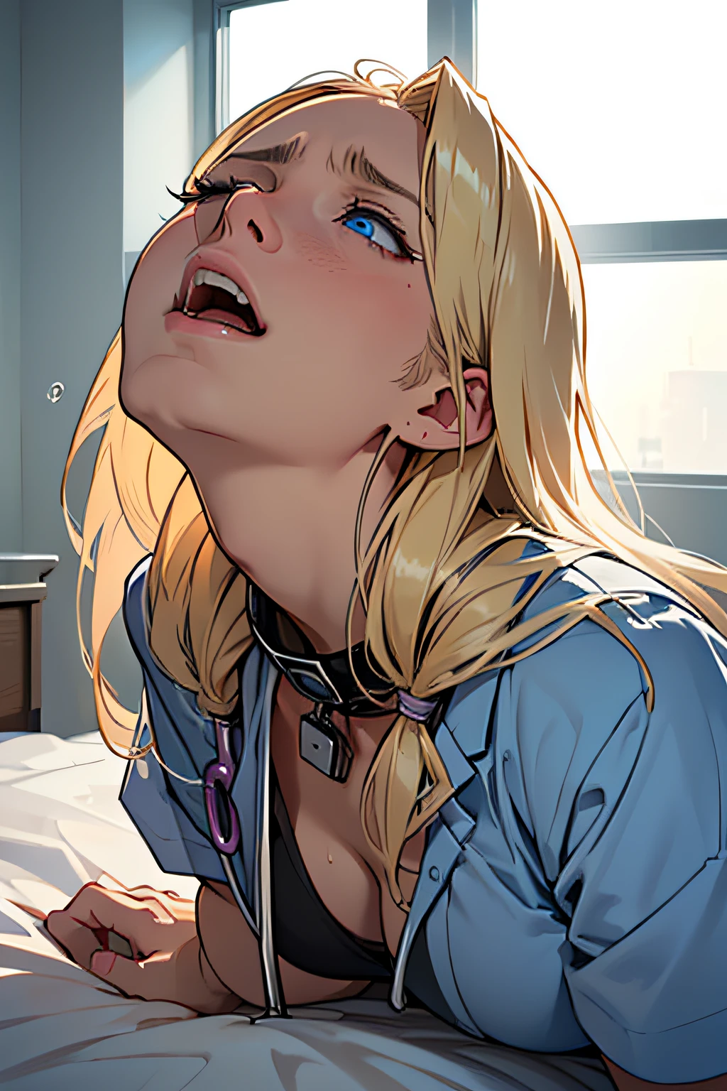 ((32-year-old tripped doctor woman)),Female doctor's clothes、The whole picture、Long blond hair、Blue eyes、at hospital、Lying、((Really turn your neck up))、((Really turn your neck up))、((Expression of distress))、Liquid dripping on the lower body、On the bed in the room、creampie pussy ,Love juice,,Forced orgasm,Squirt,Penetration ,???????,Urethra play,Hardcore,Faint、((Keep your mouth closed and be patient))、((Heavy drool))、((Eyes look up to the limit))