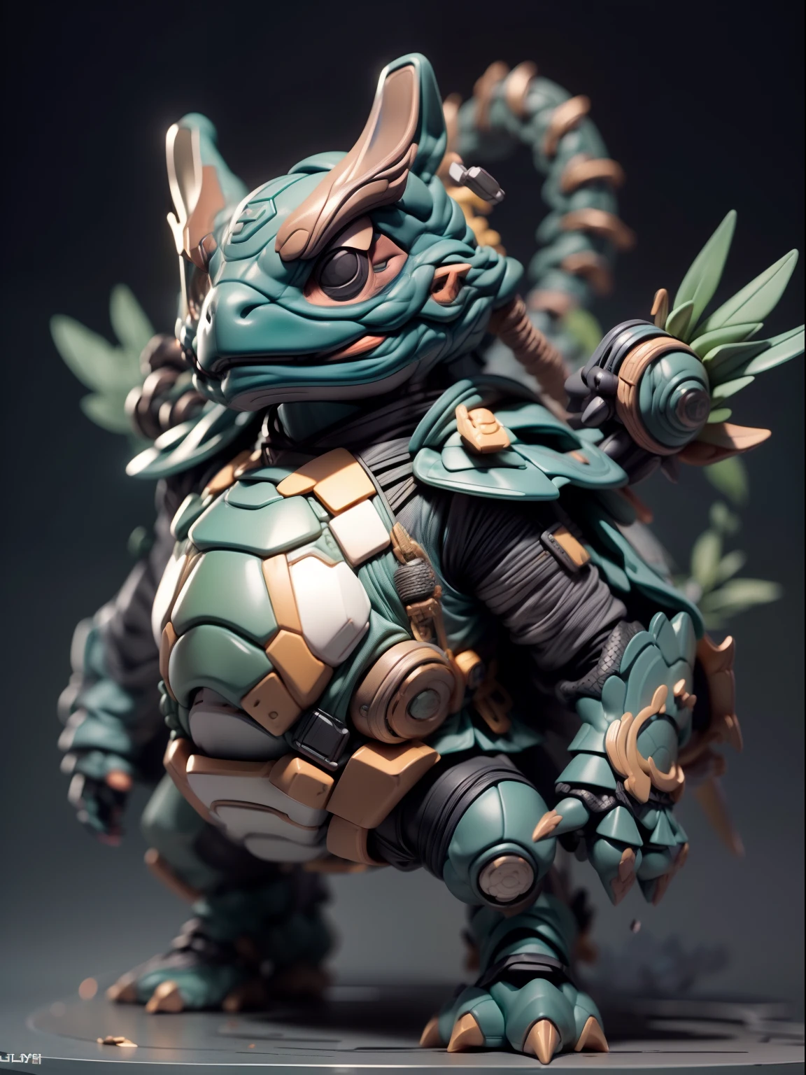 (Blind box toy style:1.3),((Full body shot)),(anthropomorphic turtle),(1 powerful Chinese dragon warrior),Clear plastic mech,dreamy glow, Cyberpunk Style,Clean black background,White style,(circular base)( Global illumination, Ray tracing, hdr, unreal render,reasonable design, High detail, Masterpiece, Best quality, hyper HD, Cinematic lighting)