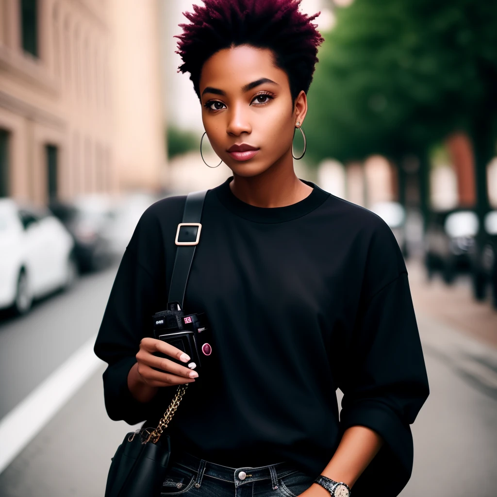 Black photographer with camera in hand. Tatuagem no ombro, on the arm and both wrists. black pant, blusa rosa. Cabelo comprido preto com pontas loiras.