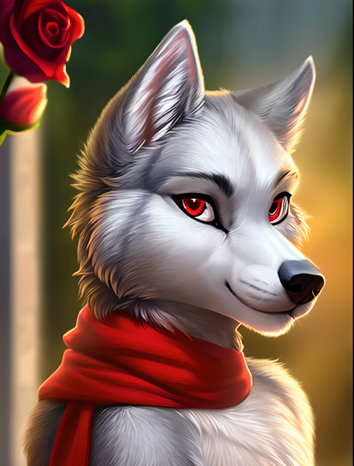 cinematic lighting, detailed background, depth of field, solo, (best quality, ultra detailed, sharp:1.3), masterpiece, 8k, 4k, solo, ((hyper realistic)), natural lighting, extremely detailed fur, windy background, detailed eyes, red eyes, (wolf), (red scarf), ((realistic)), sfw, ((by Katie Hofgard)), Katie hofgard, (((anthro))), ((female)), looking at viewer, ((white fur)), (Wolf), (canine), ((red eyes)), Rose, holding a rose, (((sfw))), flat chested