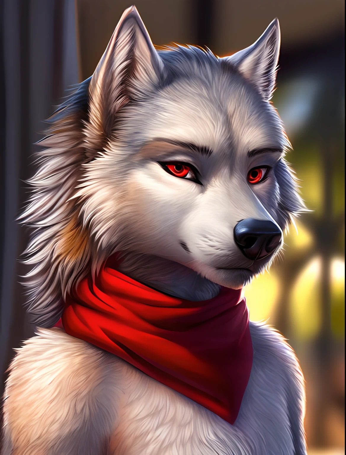 cinematic lighting, detailed background, depth of field, solo, (best quality, ultra detailed, sharp:1.3), masterpiece, 8k, 4k, solo, ((hyper realistic)), natural lighting, extremely detailed fur, windy background, detailed eyes, red eyes, (wolf), (red scarf), ((realistic)), sfw, ((by Katie Hofgard)), Katie hofgard, (((anthro))), ((female)), looking at viewer, ((white fur)), (Wolf), (canine), ((red eyes)), Rose, holding a rose, (((sfw))), flat chested