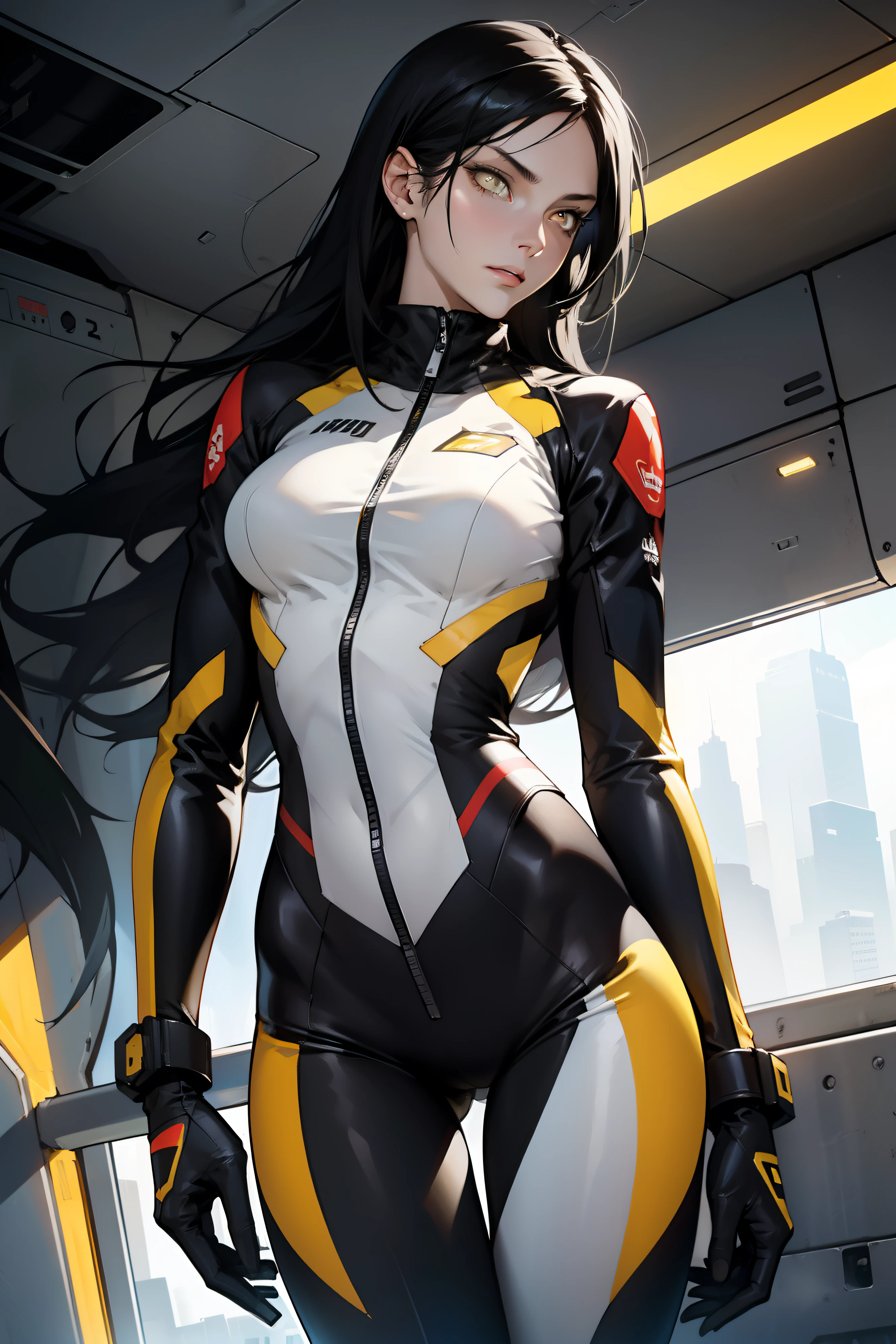 1 girl, black hair, yellow eyes, very long hair, pale skin, fit body, slender body, slim waist, large breasts, (confident expression), pilot suit, thigh gap