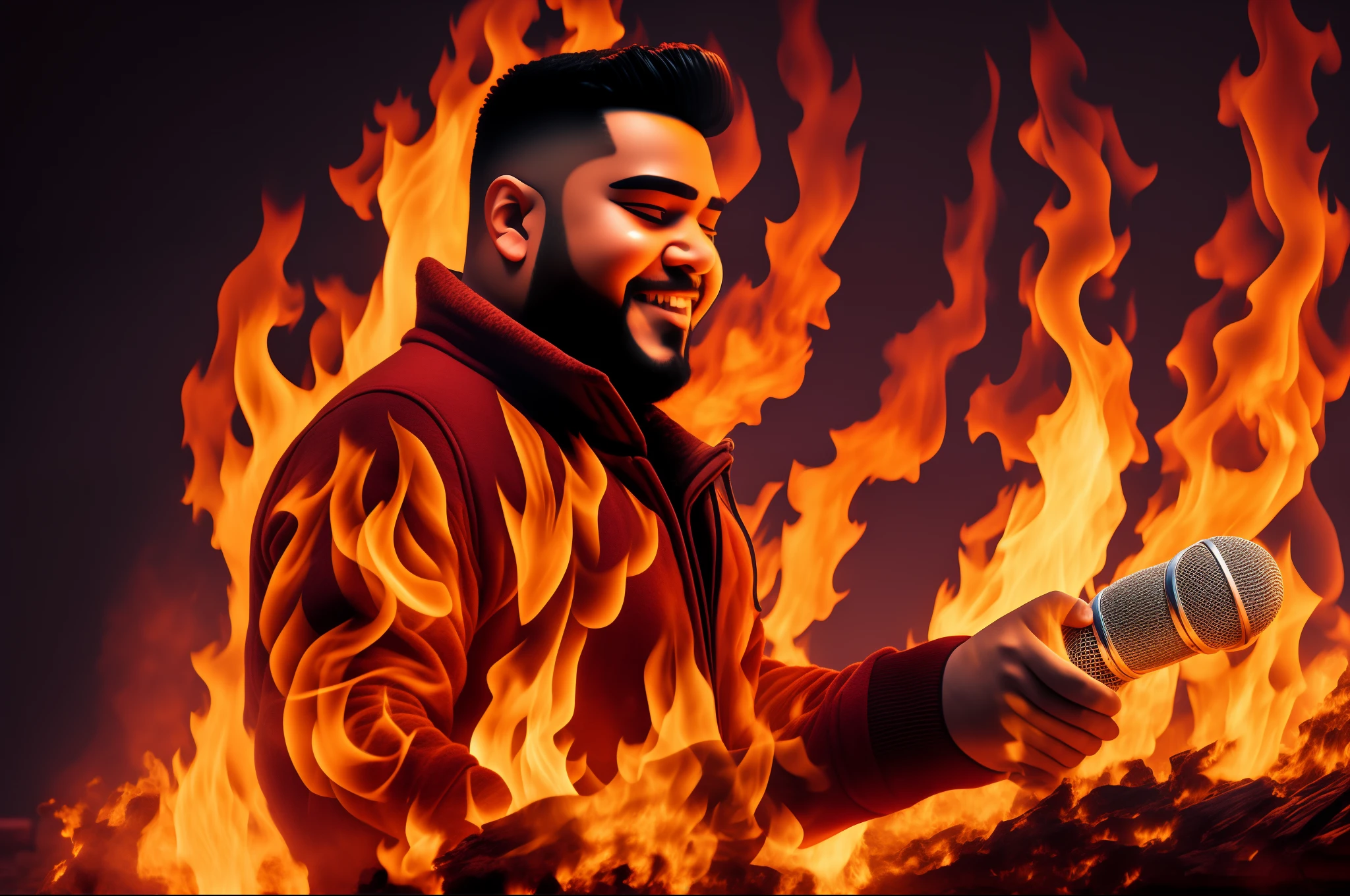 create 3D disney pixar poster man singing into a microphone in front of a colored background, fire behind him, place of roaring fire, fire in the background, Artem, Director: Matt Cavotta, Flames in the background, profile image, Live performance, Joel Torres, set on fire, burning, attack of fire, adam varga, ástor alexander, engulfed by flames