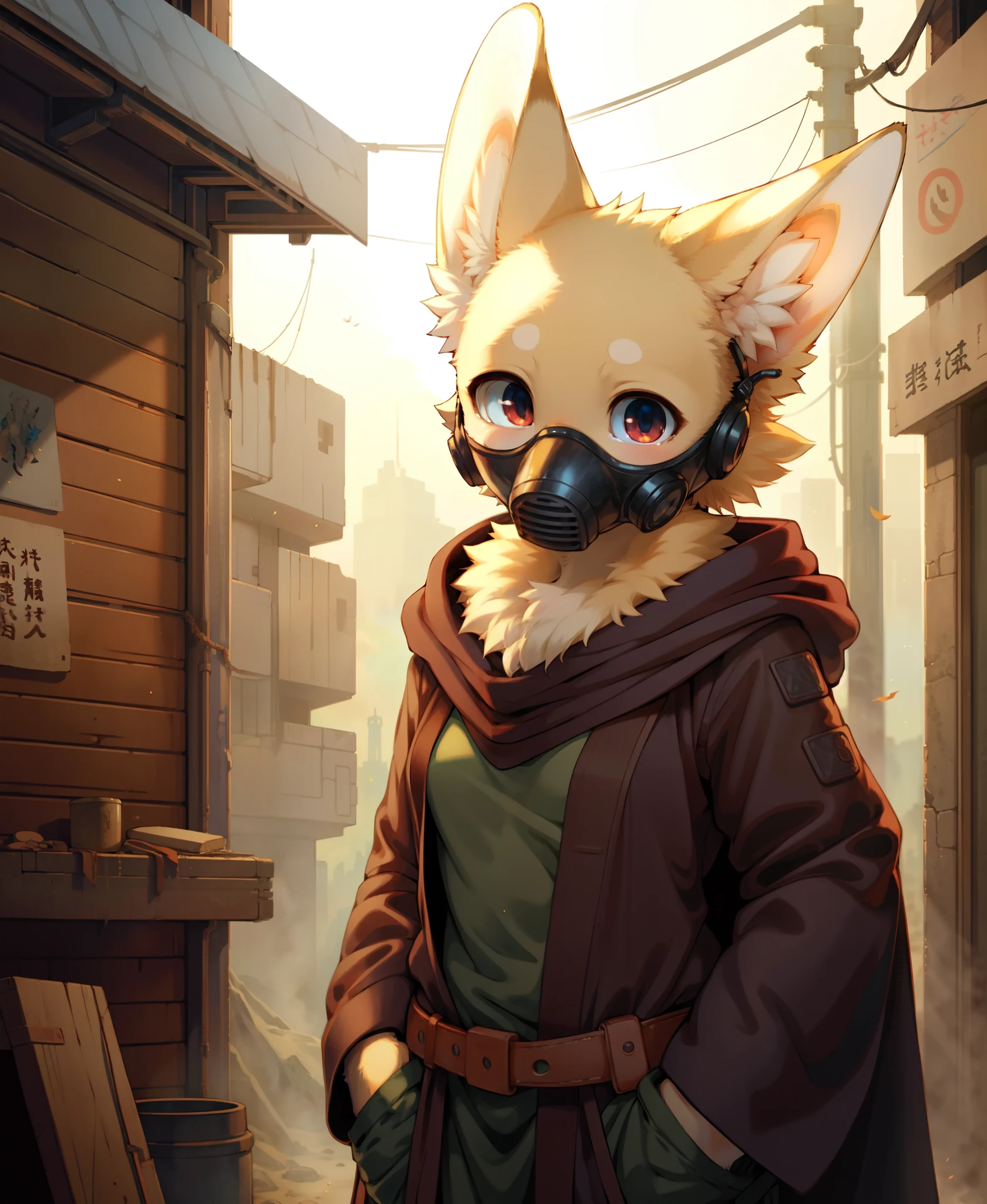 detailed background, post-apocalyptic setting with a hint of desolation in the air, petite cat girl clad in a gas mask and cloak, (her innocent eyes peering through the lenses), wearing a white coat draped over her body, soft fur peeking out from underneath, symbols of survival amidst chaos and decay, a sense of mystery surrounding her as she treads through the remnants of the world, masterpiece, (by noboru murakami:1.0), (by cheesewoo:1.2), (by Fenek:1.1), (by Tofu93:0.9), (by oouna:0.8), (by belka13:0.7)