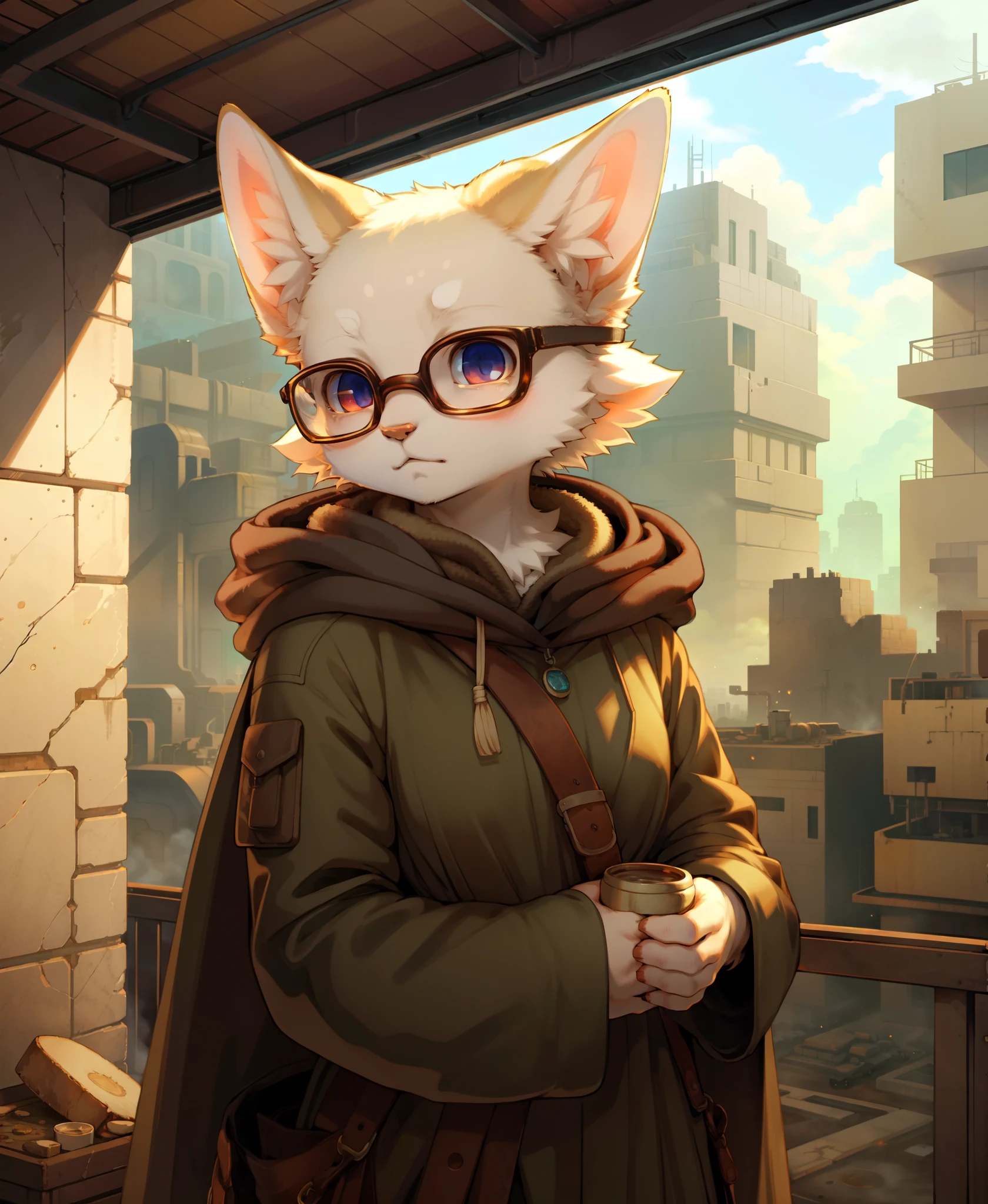 detailed background, post-apocalyptic setting with a hint of desolation in the air, petite cat girl clad in a gas mask and cloak, (her innocent eyes peering through the lenses), wearing a white coat draped over her body, soft fur peeking out from underneath, symbols of survival amidst chaos and decay, a sense of mystery surrounding her as she treads through the remnants of the world, masterpiece, (by noboru murakami:1.0), (by cheesewoo:1.2), (by Fenek:1.1), (by Tofu93:0.9), (by oouna:0.8), (by belka13:0.7)