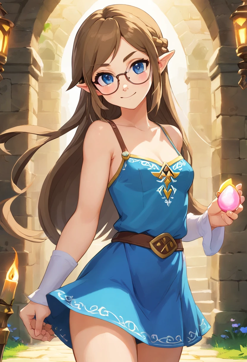 1girl, solo, sexy, small rim glasses, light freckles, blue eyes, long brown hair, (naked:1.2), thong, sexy dress, pleated skirt, tiny breasts, thin, big ass, cleavage, thighs, medieval blacksmith, (blushing:1.2), smiling, holding a condom