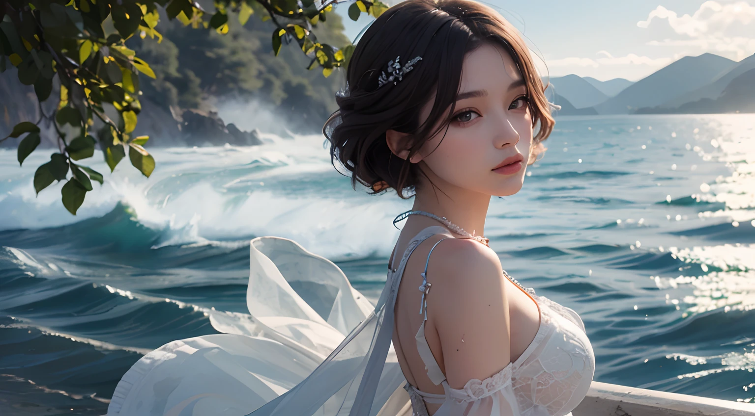 8K HD quality,aerial shot,Blue skies,There are many big white clouds,Sexy beauty,in a sunbeam,Wear brightly colored clothes,Sense of character,Bigchest,Stand beautifully,Blowing the sea breeze,Waves on the sea,Bloom one by one,Flowers all over the mountains,Wildflowers are dense(8k,RAW photos,best qualtiy,tmasterpiece:1.2),hyper-detailing,Hyper-Resolution,(realisticlying,photograph of-realistic:1.37),sportrait,highdetailRAWcolorphoto,profesional photo,very detailed and beautiful,The is very detailed,8k wallpaper,Amazing and detailed,hugefilesize,offcial art,highly detailed CG Unity 8k wallpapers,highly detailed beautiful girl,Highly detailed face,highly detailed eye,highly detailedskin, Highly detailed fingers,Highly detailed nose,very detailed mouth,perfect anatomia,highly detailed back ground,Highly detailed clothes,1girl,(20:1.2),in her 20s,cute female child,photorealistic body,petite,White skin of the,Glowing skin,Slim body,Handsome body,brunette color hair,short detailed hair,(bluntbangs:1.2),ssmile,adolable,年轻,cute face,photorealiscic face,Elaborate Eyes,Sagging eyes,underdressing,ssee-through,耳Nipple Ring,looking at viewert, cowboy lens,facingfront,stand posture,opposition,动态照明,very Bigger breasts,cowboy lens
