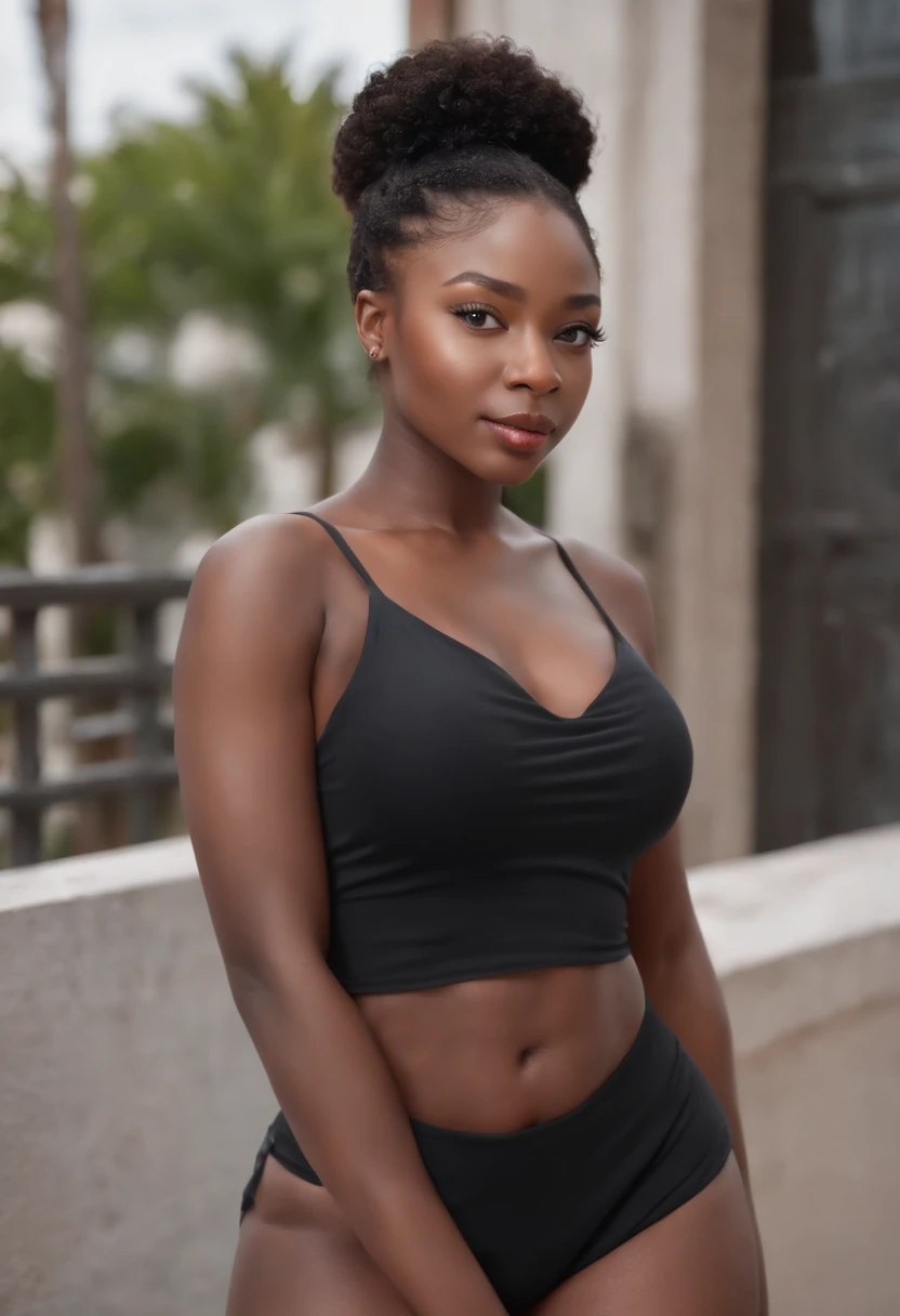 (Moesha budong)((Dark African skin, Very deep ebony skin)), ((Its beauty is undeniable)), ((cute excited face)), ((Hyper detailed perfect eyes,)), ((pose mignonne)), ((Langue sortie)), ((attirant )), sexy, (( Tight knit shirt, shorts courts sexy)), ((Afro curly African hair afro ponytail afro,)), (( peau)), (()), ((Toucher ses propres jambes dans une pose sexy)), ((Dehors, Ville publique)), CGI ciblé, Fotorrealista, High detail, Realstic, Master part, Absurde, Best quality, Hdr, highly quality, high-definition, extremly detailed, 8k wallpaper, intricate high detail, 8K UHD, Full-HD, (photo realist:1.2), contraste, intense illumination, lighting cinematic, natural lighting, hard light, contre-jour, Illumination globale, occlusion ambiante, full body in nightclub, poking trough shirt