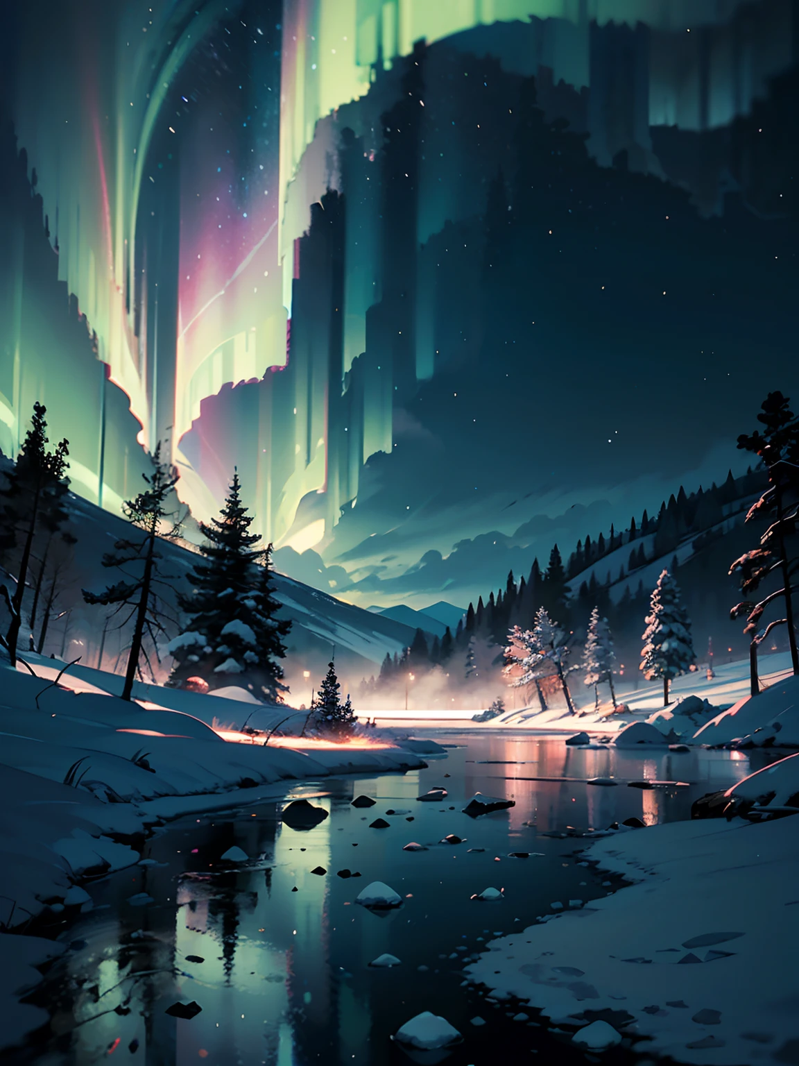 This breathtaking piece of official concept art by Mappa Studios depicts a majestic scene of an ice age frozen river. Every element is covered in a pristine blanket of glistening ice and snow, creating a winter wonderland. The landscape features an enchanting forest of ice spikes, which reach towards the sky with an ethereal beauty. Above, the aurora dances across the night sky, casting a mesmerizing glow over the frozen landscape.
BREAK
Despite the blizzard and snowstorm raging, a small bush resiliently stands, adding a touch of life and color to the otherwise icy surroundings. The atmosphere is heightened by a gentle fog, which adds an air of mystery and creates a sense of depth within the scene.
BREAK
This highly detailed digital art is rendered in a stunning 4k resolution, showcasing the intricate details of the ice formations and the delicate textures of the snow. The realism achieved through the use of Octane Render brings the scene to life, making it almost tangible.
BREAK
The use of bioluminescent elements adds a magical touch to the composition, with soft glows of cool colors illuminating the frozen landscape. The artistic technique of ligne claire creates clean, well-defined lines, adding to the overall aesthetic appeal of the artwork.
BREAK
This masterpiece is a testament to Mappa Studios' talent and expertise, representing the best quality in official art and illustration. The composition is perfectly balanced, adhering to the rule of thirds and creating a visually pleasing arrangement of elements.
BREAK
With its 8k resolution, this concept art showcases an incredible level of detail, allowing viewers to immerse themselves fully in the frozen world depicted. The image is a true gem in the realm of fantasy art, capturing the essence of a winter wonderland with a focused and captivating vision.