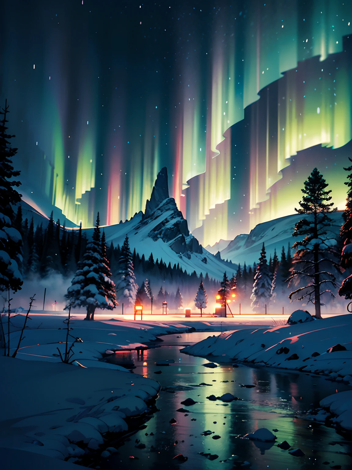 This breathtaking piece of official concept art by Mappa Studios depicts a majestic scene of an ice age frozen river. Every element is covered in a pristine blanket of glistening ice and snow, creating a winter wonderland. The landscape features an enchanting forest of ice spikes, which reach towards the sky with an ethereal beauty. Above, the aurora dances across the night sky, casting a mesmerizing glow over the frozen landscape.
BREAK
Despite the blizzard and snowstorm raging, a small bush resiliently stands, adding a touch of life and color to the otherwise icy surroundings. The atmosphere is heightened by a gentle fog, which adds an air of mystery and creates a sense of depth within the scene.
BREAK
This highly detailed digital art is rendered in a stunning 4k resolution, showcasing the intricate details of the ice formations and the delicate textures of the snow. The realism achieved through the use of Octane Render brings the scene to life, making it almost tangible.
BREAK
The use of bioluminescent elements adds a magical touch to the composition, with soft glows of cool colors illuminating the frozen landscape. The artistic technique of ligne claire creates clean, well-defined lines, adding to the overall aesthetic appeal of the artwork.
BREAK
This masterpiece is a testament to Mappa Studios' talent and expertise, representing the best quality in official art and illustration. The composition is perfectly balanced, adhering to the rule of thirds and creating a visually pleasing arrangement of elements.
BREAK
With its 8k resolution, this concept art showcases an incredible level of detail, allowing viewers to immerse themselves fully in the frozen world depicted. The image is a true gem in the realm of fantasy art, capturing the essence of a winter wonderland with a focused and captivating vision.