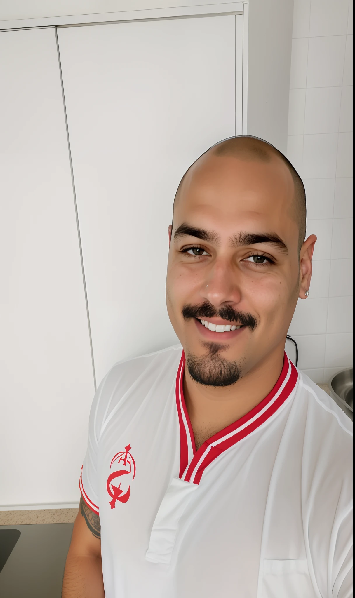 Smiling man in white shirt with red trim and mustache in kitchen, Carmelo Blandino, imagem de qualidade muito baixa, david rios ferreira, icaro carvalho, caio santos, Streamer do Twitch / Jogador Ludwig, Ronaldo Nazario, imagem frontal, foto de perfil profissional, inspired by Antônio Parreiras, gui guimaraes, In Sao Paulo