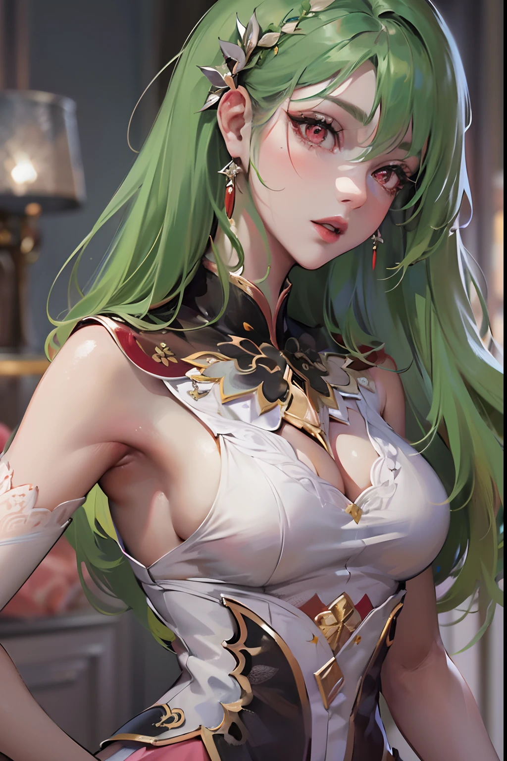 ((tmasterpiece))，(best qualtiy)，(A half body)，looking at away，(ultra intricately detailed)，(Highest Definition)，(8K)，(Clean lines)，(Perfect facial features，Perfect meat)，(offcial art)，1little girl，matchless beauty，robe blanche，a bed，long green hair，Red Eyes，Colossal tits