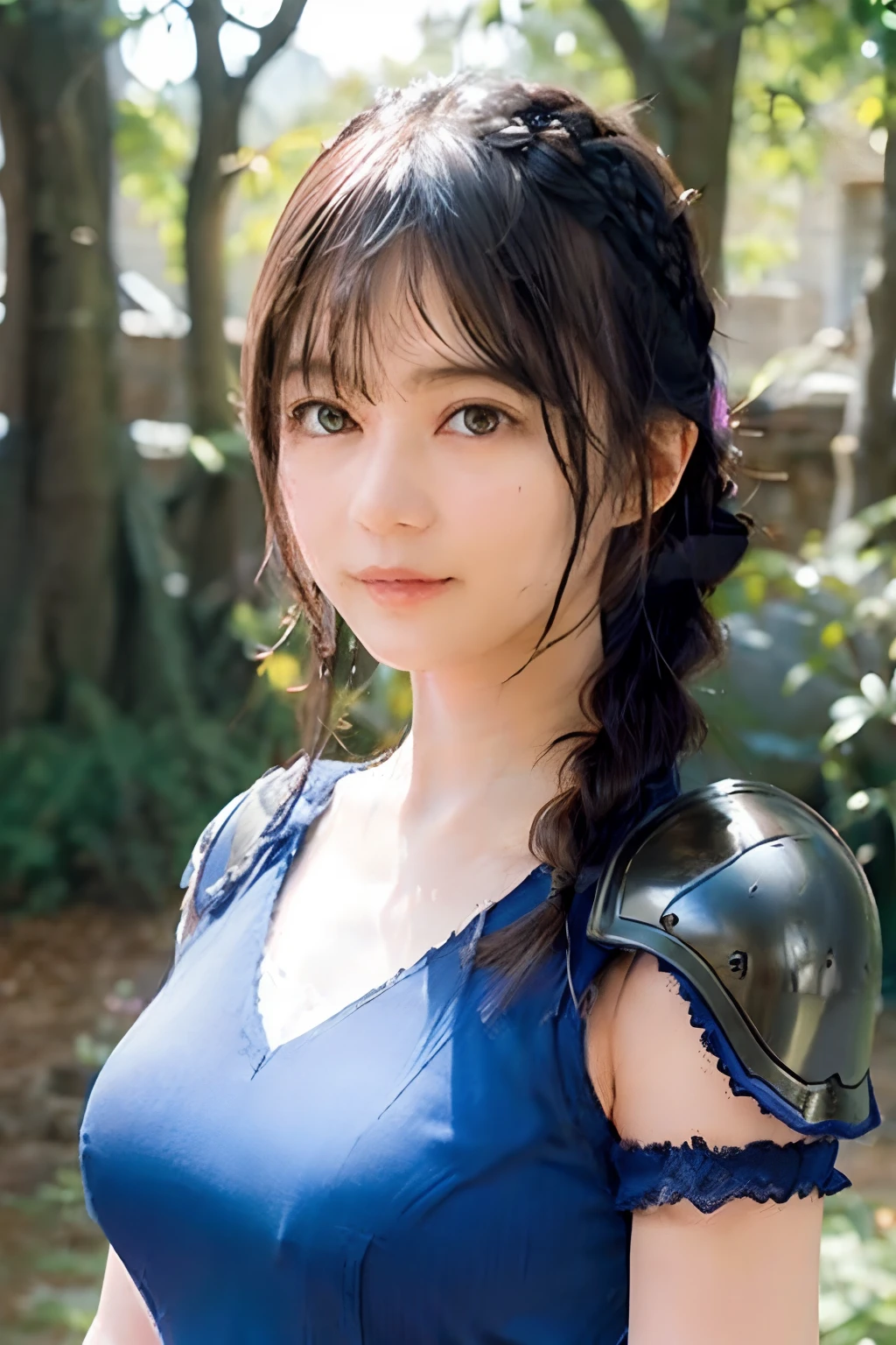 Lapisfe, 1 woman49age, Solo, Looking at Viewer, blush, Bangs, gloves, Upper body, braid, shairband, Outdoors, Parted lips, skyporn, day, Hand up, Black eyes, armor, tree, Covered navel, Blurry background, hands on own breasts, Shoulder Armor, Side braid, breastplates, Red armor