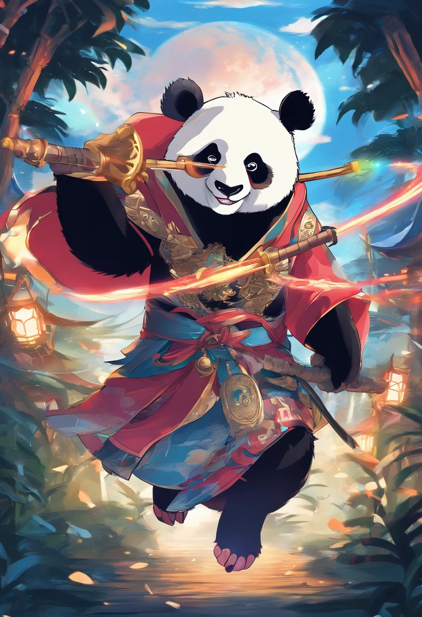 The anime scene where the giant panda is the main character is roaring and showing great power, the background is a full moon。, there are groups of bamboo fighting in various areas,trends on cgstation, beautiful art illustrations, detailed digital art style Drake, fantasy anime illustrations, Guviz-style artwork, digital illustrations of poster logos, by Yang J, durians in various areas, and silver and gold coins flying throughout the area. PIXIV Contest Winner, Trending on Artstation Pixiv, 5 Star Brand Product Logos, Bamboo Business, fantasy, dark side,