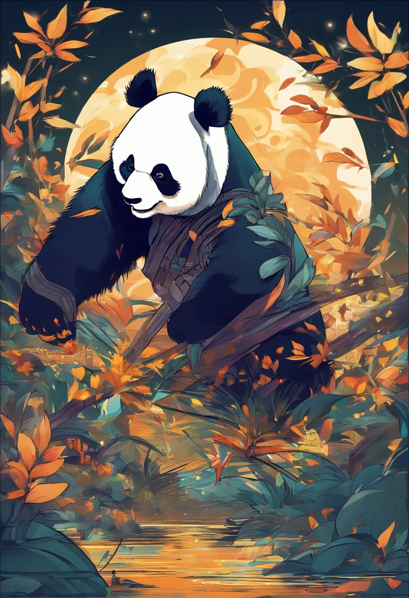 The anime scene where the giant panda is the main character is roaring and showing great power, the background is a full moon。, there are groups of bamboo fighting in various areas,trends on cgstation, beautiful art illustrations, detailed digital art style Drake, fantasy anime illustrations, Guviz-style artwork, digital illustrations of poster logos, by Yang J, durians in various areas, and silver and gold coins flying throughout the area. PIXIV Contest Winner, Trending on Artstation Pixiv, 5 Star Brand Product Logos, Bamboo Business, fantasy, dark side,