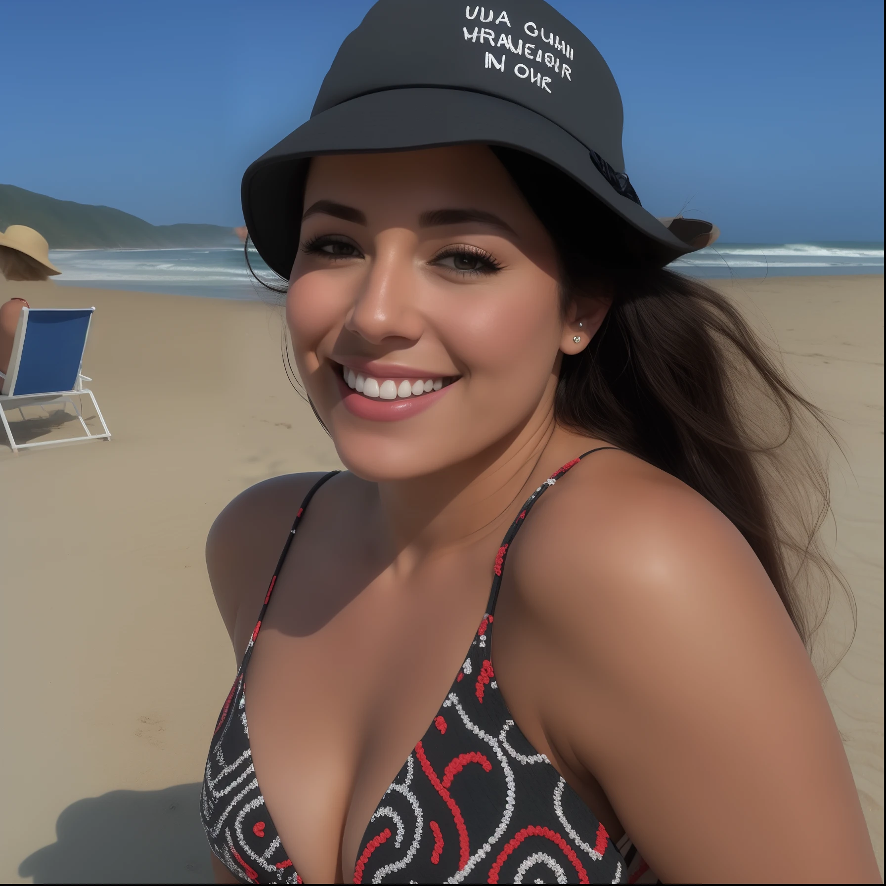 Smiling woman in a bikini and hat on the beach, foto de perfil, wearing a cute hat, wearing a chocker and cute hat, it's wearing a cute little hat, She is wearing a hat, posando em uma praia com o oceano, wearing a travel hat, with hat, na praia, em uma praia, na praia, Malika Favre