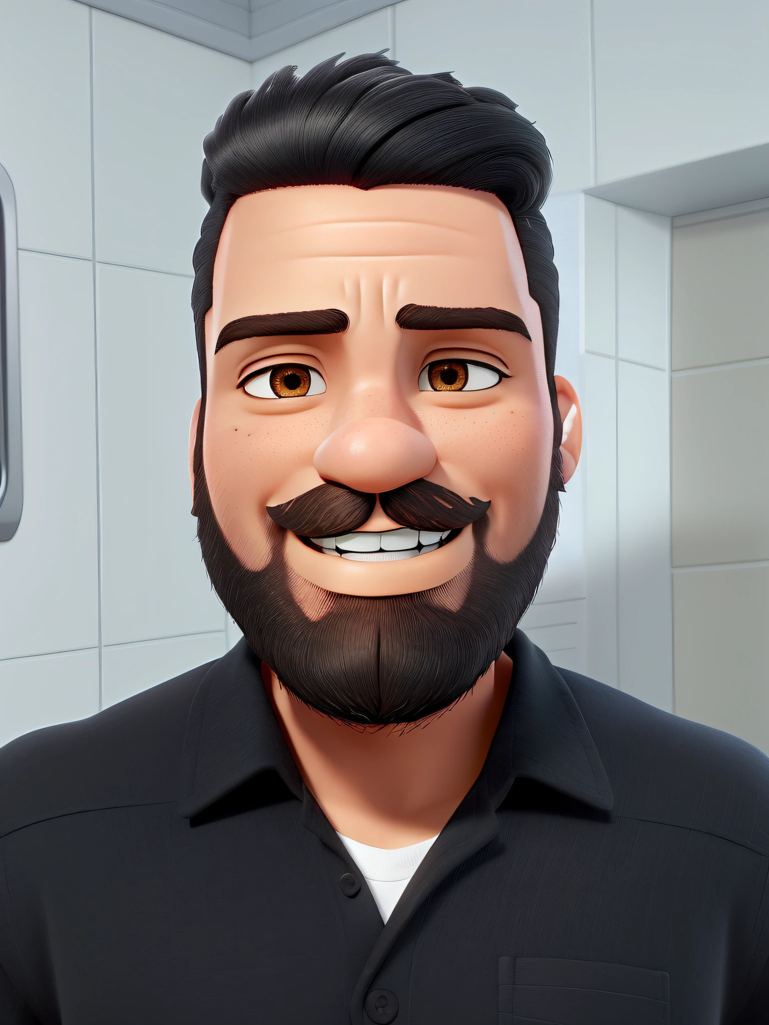 Um homem moreno com cabelo preto escuro olhos negros e aparelho nos dentes e barba negra estilo disney pixar, alta qualidade, melhor qualidade