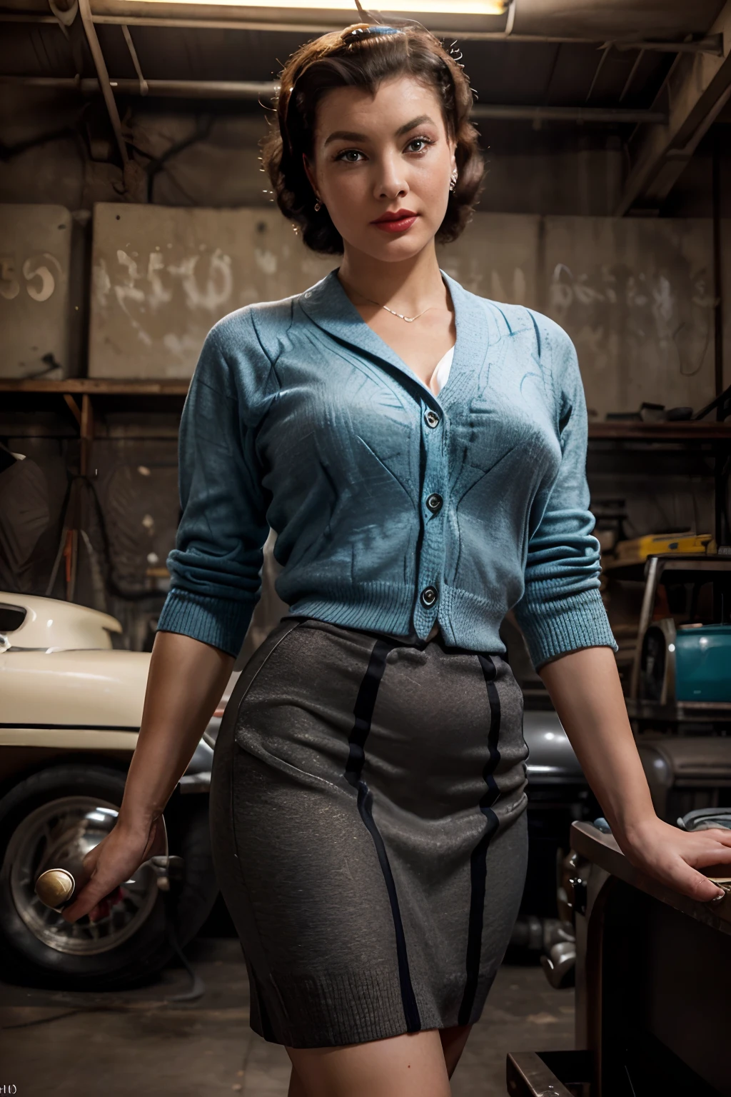 1 woman , looking at viewer:1.3, portrait (wearing clean white crew neck cardigan, dark narrow form fitting pencil-skirt:1.4), taken inside an dark automobile shop, a (hot-rod garage:1.5), filled with car parts, rust, she's inside an old repair shop filled with rusty tools, high saturated rust, auto parts, oil tool filled repair shop, ((high contrast)), (deep, darkest shadows), high contrast,((taken using Leica camera, aperture: f/2.8)) ,(kkw-ph1:0.9), hyper-realistic skin, (she has dark short hair perfectly kept), betty grable model, showing off her glossy red lipstick, (((blue black tight styled hair)))), lounging in old car repair shop,sport car parts, (her hair is 1950s tidy:1.8), she's in dark with natural light glow, radiant skin , sultry, tantalizing, perfectly framed face, perfect relaxed hands, perfect fingers, nail polish, (vintage pin-up betty grable style), (perfect portrait, incredible eyes, eye make-up, smokey eye:1.1), a work of art, beautiful composition, golden ratio, pin-up model, inspiring, (highest quality fabric texture), (styled 50s hair), every detail,Fine facial features – (Highest Quality) ,Leica camera film, High quality ○○ detailed – ○○ details ultra detailed(Ultra-fine ), Photorealistic, Extremely detailed(Extremely detailed) , (highest detail image, lens flare, realistic)○○ res – ○○ resolution ultra high res(A high resolution),playfully sexy and relaxed photos