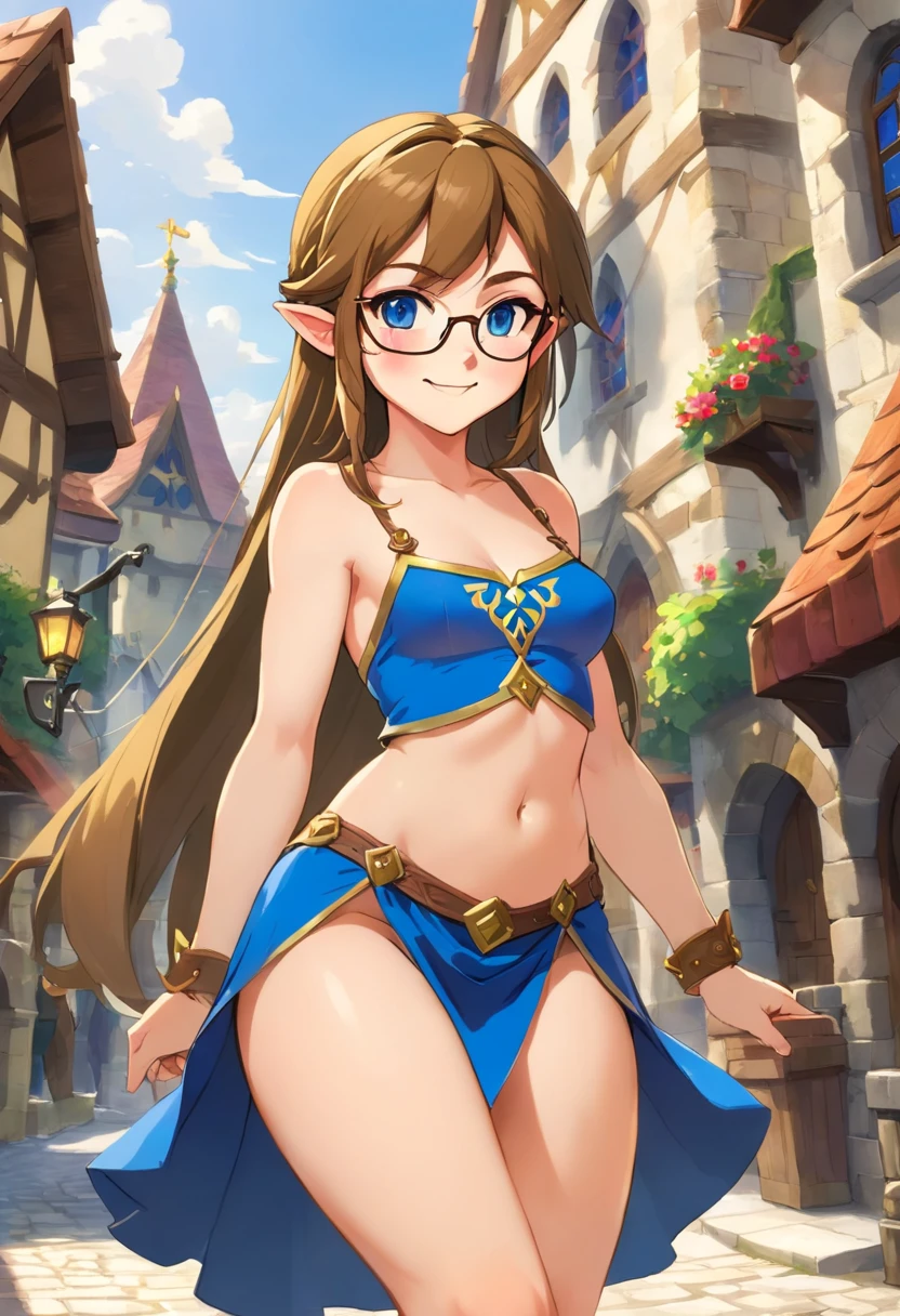 1girl, solo, sexy, small rim glasses, light freckles, blue eyes, long brown hair, (naked:1.2), thong, sexy dress, pleated skirt, tiny breasts, thin, big ass, cleavage, thighs, medieval town, (blushing:1.2), smiling