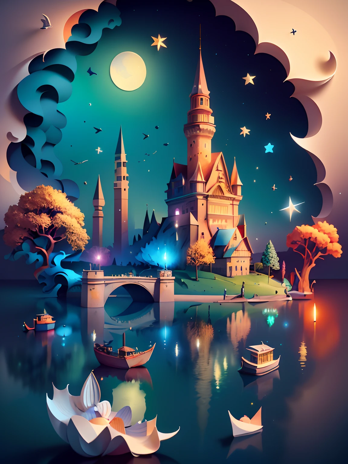 (((masterpiece))),best quality, illustration,  sky, cloud, water, star \(symbol\), tree, no humans, night, bird, moon, building, star \(sky\), night sky, scenery, starry sky, watercraft, castle, ship, waves, tower, boat. vibrant color scheme, Soft light,(warm color:1.2),Water color painting, light background, best quality exquisite details,3d rendering,Octane render, pastel, paper_cut