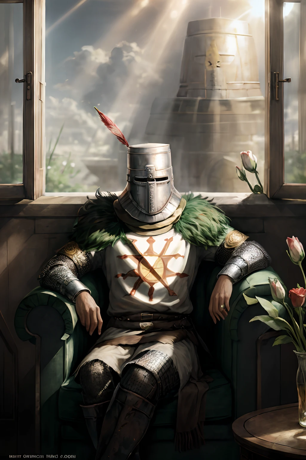 (masterpiece),((Solaire)),1 knight relaxed and sitting at a sofa, holding flowers, window, atmospheric, Sharp focus, Masterpiece, colors, 4k, concept art, Intricate, High Detail, lively atmosphere, sunlight warrior