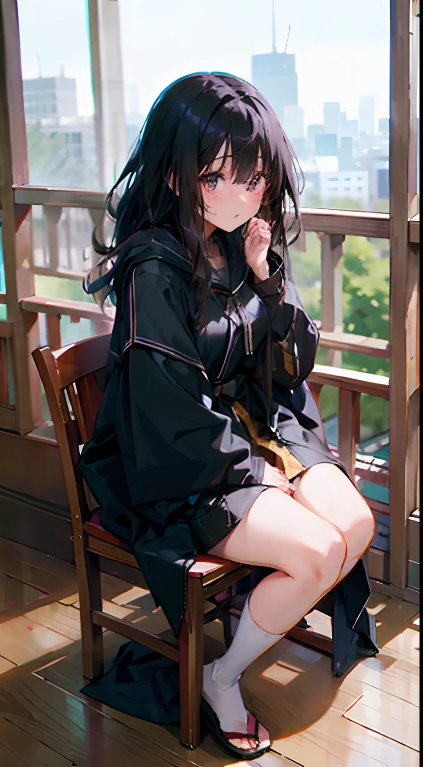 anime girl sitting, background (a room, sofa), good lighting quality, (1girl), long black hair, brown eyes, detailed eyes, sharp eyes, wearing longs sleeves hoodie, no pants, hyper-detailing, (:1.6), masterpiece