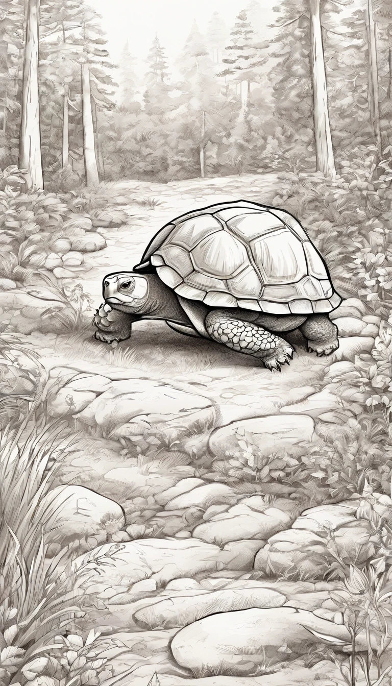 A commercial illustration with a good part in black, branco, In the middle of it is a tortoise and a light-brown hare highlighted on an athletics track, e muito peludo, excelling in the race due to the tortoise being in front of the hare. The turtle finds itself getting closer and closer to the finish line. The turtle has a focused gaze and the hare is distracted by the scenery. The athletics track is located near the forest, The whole scenario has light colors without much prominence, estilo bem rustico. The athletics track is portrayed in a natural way with few colors in all scenarios, com uma pista de atletismo em destaque. The image should have a natural style with fine strokes and neutral colors, A touch of manga. A tartaruga e o lebre devem ser retratados em detalhes, with their expressions demonstrating the willpower of the tortoise and the despondency of the hare. A imagem deve ser em preto e branco com alta qualidade, with a pencil and ink caricature drawing style, com cores neutras e leves. Make sure the tortoise is beating the hare in extremely realistic ways, but not artificial, symbolizing happiness and hope in the face of life's challenges.", 16k