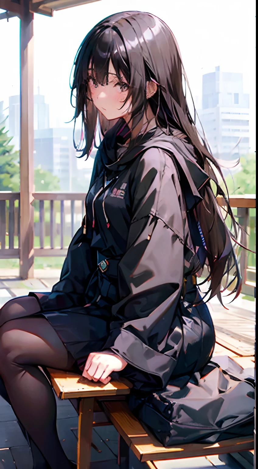 Japanese girl with long black hair,Long hair covering the left face.,There is a scar on the left face.,Wearing a black hooded robe.,Sitting on a chair on campus