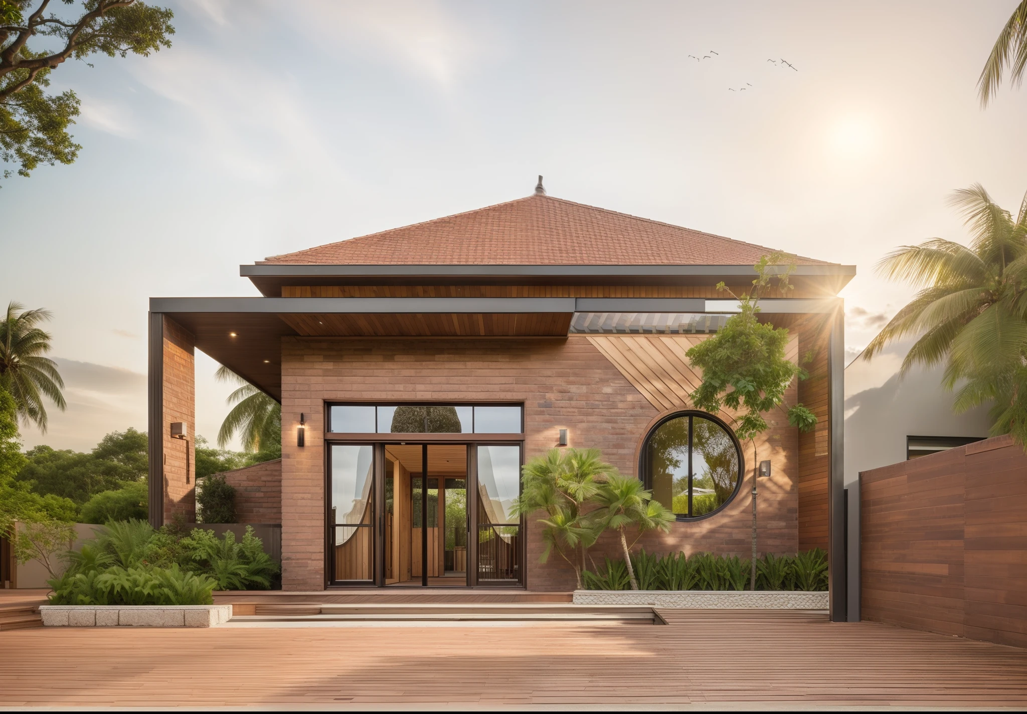 RAW photo,Masterpiece, high quality, best quality, authentic, super detail,modern house,( brick wall:1.2) , glass windows, (wooden ceiling:1.1), railing glass, gate, fence, (curve:1.1),tropical trees, day, beautifu sky, (high detailed :1.2), 8k uhd, dslr, soft lighting, high quality, film grain, Fujifilm XT3