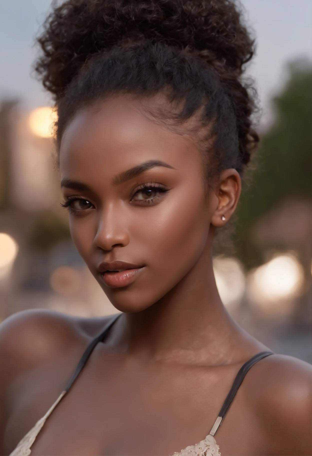 ((Dark African skin, Very deep ebony skin)), ((Its beauty is undeniable)), ((Excited cute face)), ((Hyper detailed perfect eyes,)), ((Pose mignonne)), ((Langue sortie)), ((Seductive )), sexy, (( Tight mesh shirt, shorts courts sexy)), ((African long curly hair afro ponytail,)), (( peau)), ((debout, Vue de face)), ((toucher ses propres jambes dans une pose sexy)), ((dehors, Ville publique)), Sharp Focus CGI, photoreallistic, High detail, Realstic, Masterpiece, absurdes, Best quality, Hdr, High quality, high-definition, Extremely detailed, 8k wallpaper, Intricate details, 8K UHD, Full-HD, (photo realist:1.2), contraste, intense illumination, lighting cinematic, natural lighting, hard light, contre-jour, Illumination globale, occlusion ambiante