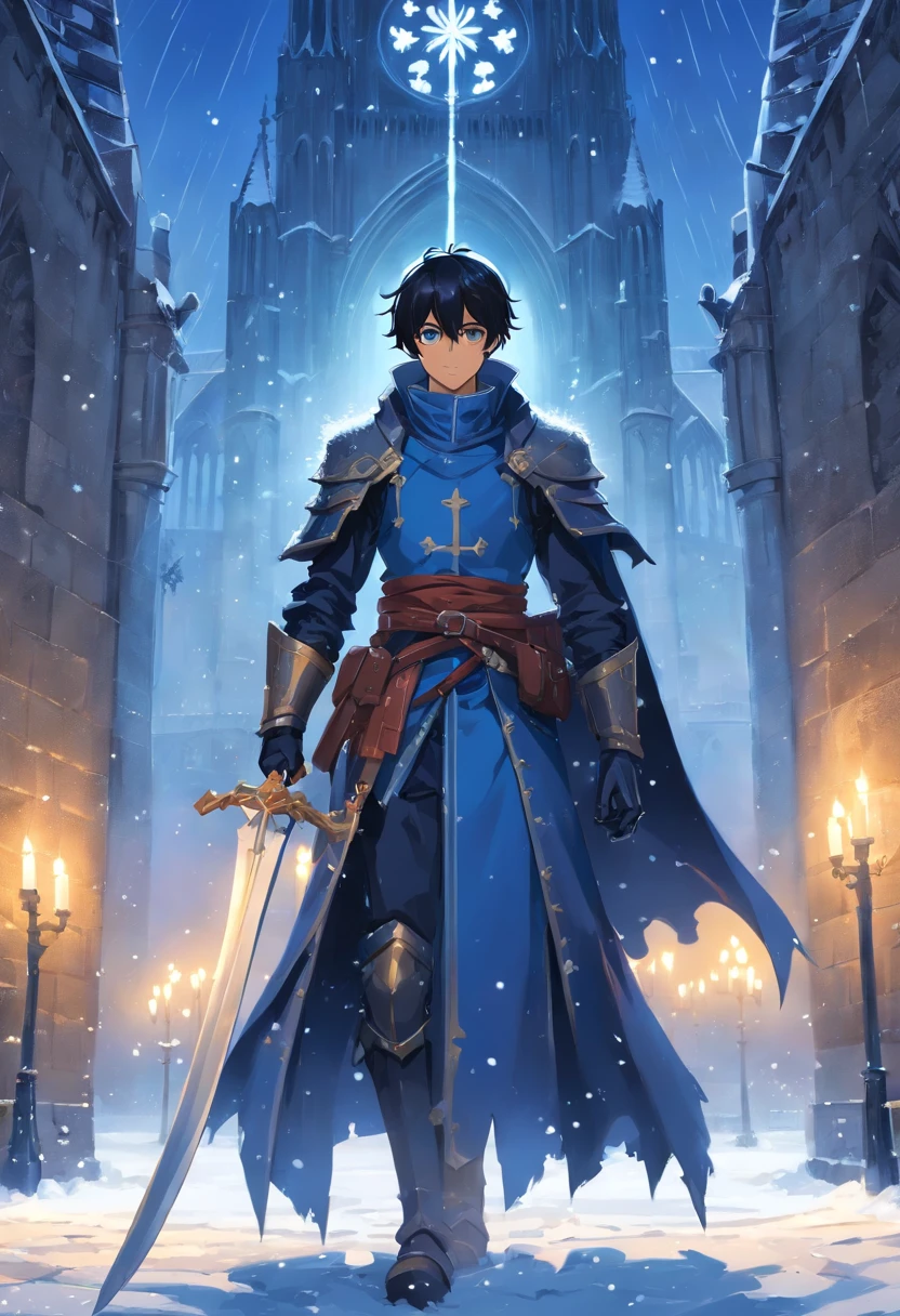cavaleiro, homem, armadura negra, capacete de caveira, capa azul, espada coberta de sangue, at the middle gates of Notre Dame snowing outside. Fifteenth century France