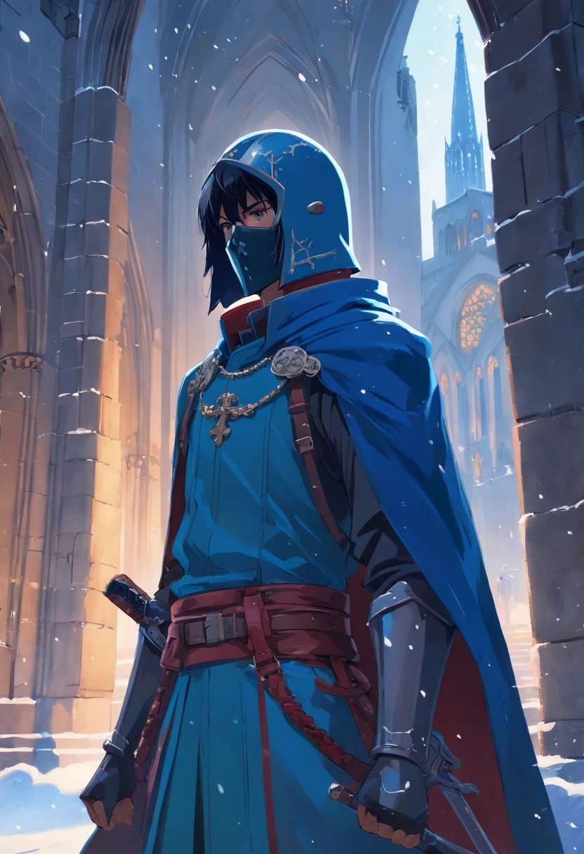 cavaleiro, homem, armadura negra, capacete de caveira, capa azul, espada coberta de sangue, at the middle gates of Notre Dame snowing outside. Fifteenth century France