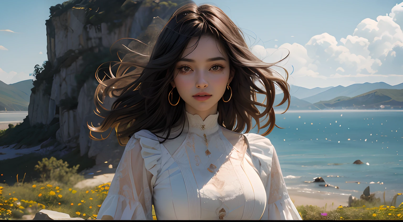 8K HD quality,aerial shot,Blue skies,There are many big white clouds,Sexy beauty,in a sunbeam,Wear brightly colored clothes,Sense of character,Bigchest,Stand beautifully,Blowing the sea breeze,Waves on the sea,Bloom one by one,Flowers all over the mountains,Wildflowers are dense(8k,RAW photos,best qualtiy,tmasterpiece:1.2),hyper-detailing,Hyper-Resolution,(realisticlying,photograph of-realistic:1.37),sportrait,highdetailRAWcolorphoto,profesional photo,very detailed and beautiful,The is very detailed,8k wallpaper,Amazing and detailed,hugefilesize,offcial art,highly detailed CG Unity 8k wallpapers,highly detailed beautiful girl,Highly detailed face,highly detailed eye,highly detailedskin, Highly detailed fingers,Highly detailed nose,very detailed mouth,perfect anatomia,highly detailed back ground,Highly detailed clothes,1girl,(20:1.2),in her 20s,cute female child,photorealistic body,petite,White skin of the,Glowing skin,Slim body,Handsome body,brunette color hair,short detailed hair,(bluntbangs:1.2),ssmile,adolable,年轻,cute face,photorealiscic face,Elaborate Eyes,Sagging eyes,underdressing,ssee-through,耳Nipple Ring,looking at viewert, cowboy lens,facingfront,stand posture,opposition,动态照明,very Bigger breasts,cowboy lens