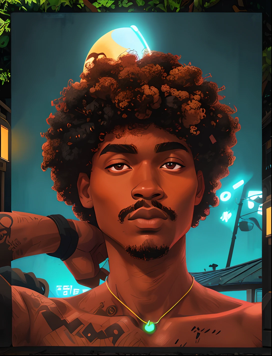 There's a man with an afro haircut and a necklace, east african man with curly hair, um homem negro com longos cabelos cacheados, homem negro com cabelo afro, com afro, afro encaracolado, afro, cabelos afro longos, curls on top of his head, grande afro, cabelo afro, man is with black skin, Afro Futurista, com cabelo e pele texturizados( Estilo ARTE DE RUA, ILUMINADO POR LUZES NEON, WITH JAPAN THEME IN THE BACKGROUND, detalhista) (PRESERVATION OF TRACES OF THE PERSON IN THE IMAGE) (COM GRAFITTI ARTE DE RUA NO FUNDO)