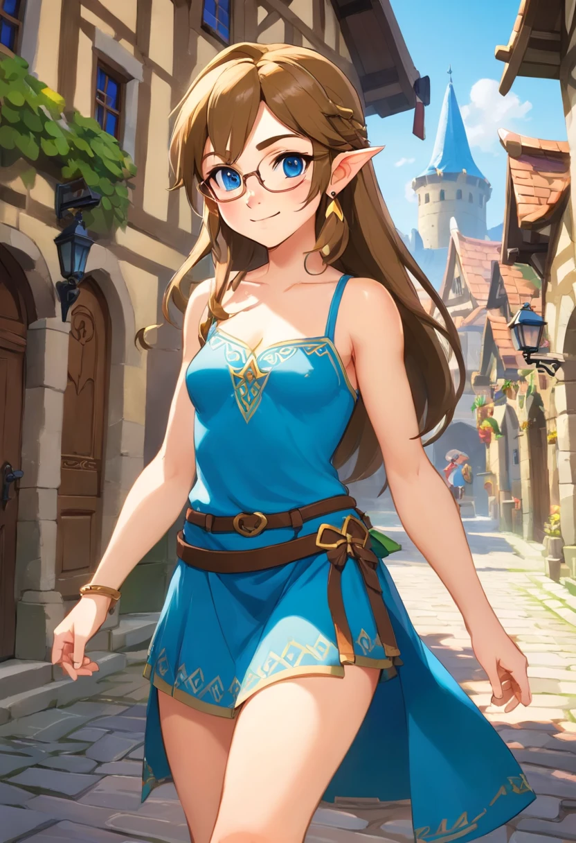 1girl, solo, sexy, small rim glasses, light freckles, blue eyes, long brown hair, (naked:1.2), thong, sexy dress, pleated skirt, tiny breasts, thin, big ass, cleavage, thighs, medieval town, (blushing:1.2), smiling