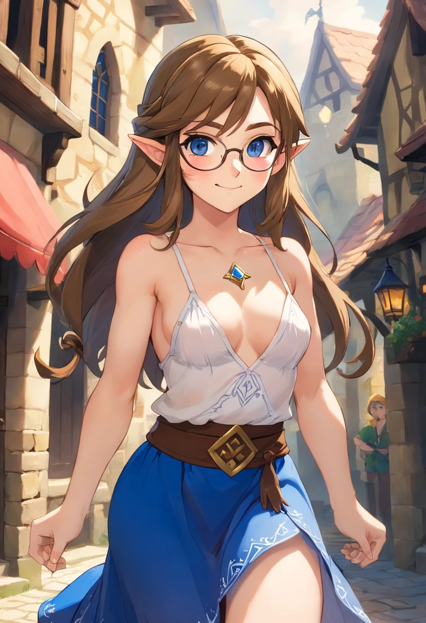 1girl, solo, sexy, small rim glasses, light freckles, blue eyes, long brown hair, (naked:1.2), thong, sexy dress, pleated skirt, tiny breasts, thin, big ass, cleavage, thighs, medieval town, (blushing:1.2), smiling
